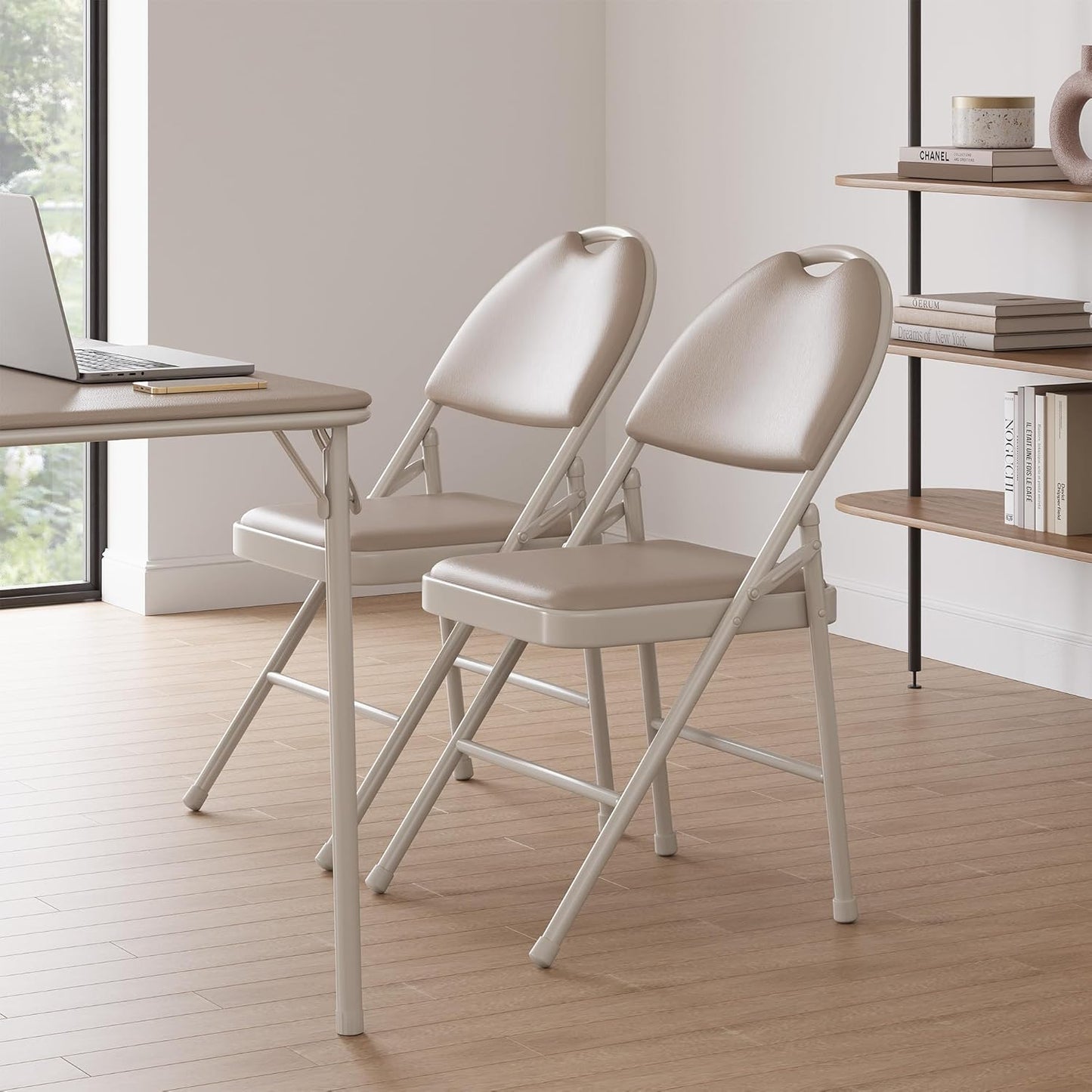 GarveeHome 4 Pack Folding Chairs with PU Leather Padded Cushion and Back, Metal Foldable Chair for Indoor Outdoor, Commercial Stackable Guest Chairs for Camping, Dining Room, Office, Party, Beige