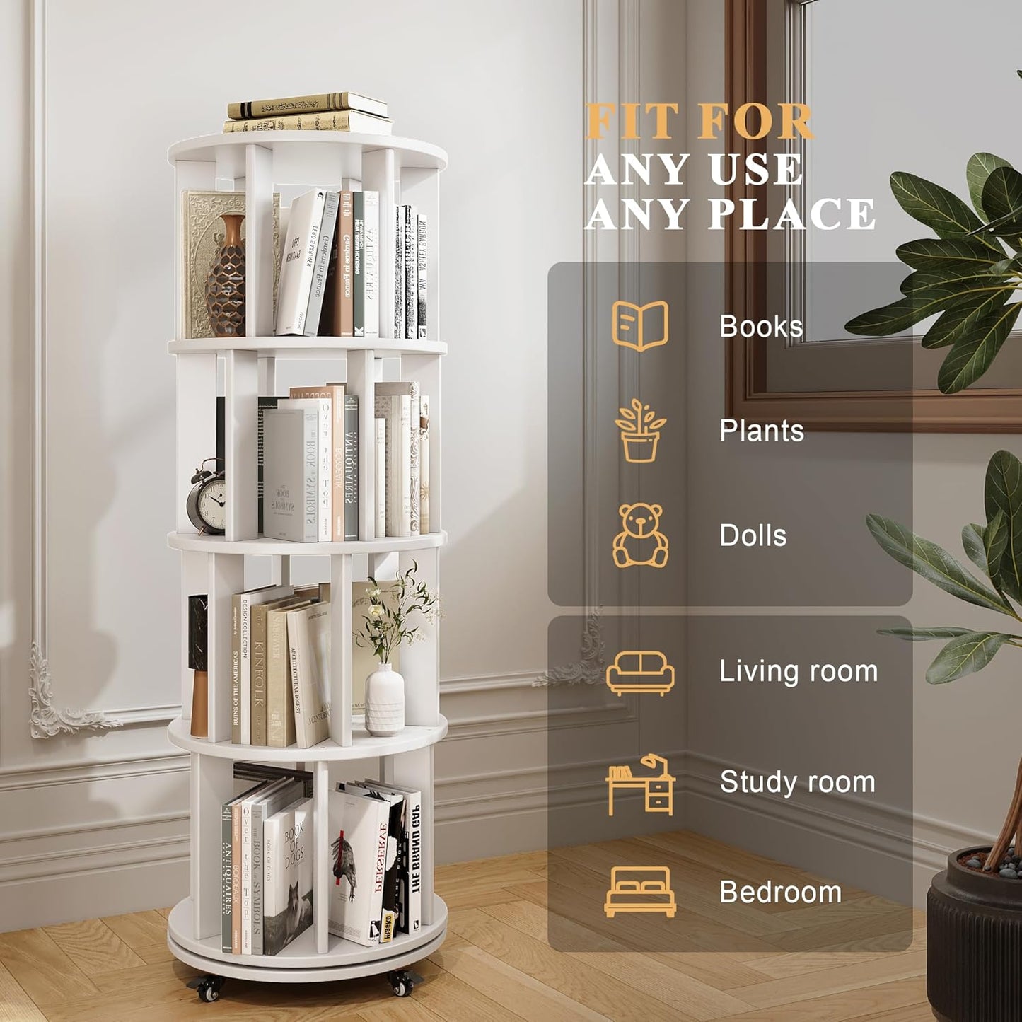 4-Tier Rotating Bookshelf, 360° Spinning Stackable Bookcase, Freestanding Bookshelf for Home Office Study Room Bedroom Living Room