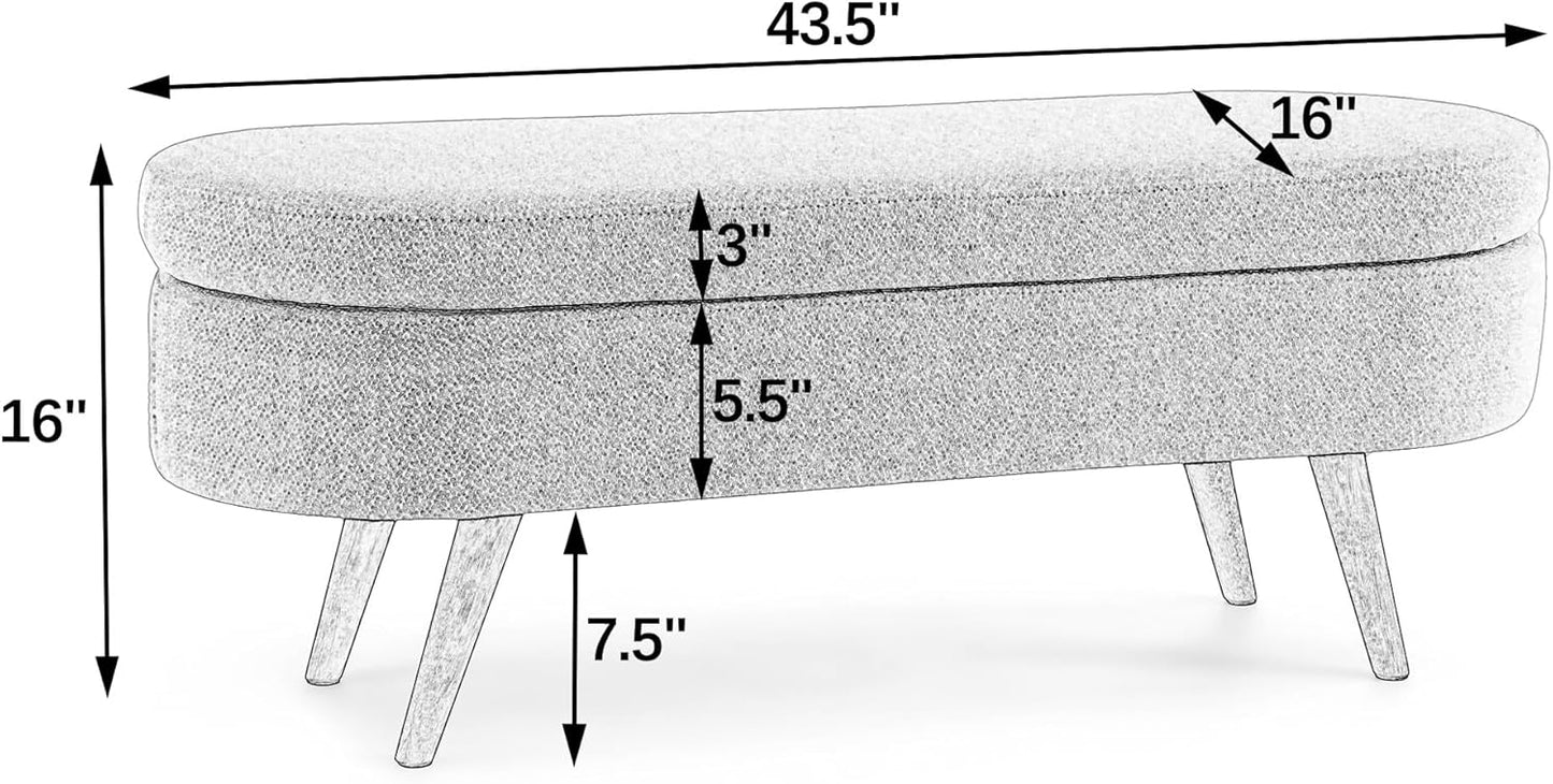 Oval Storage Bench 43.5" Linen Fabric Upholstered Entryway Bench with Solid Wood Legs Ottoman Bench Indoor Bench for Living Room/Bedroom/End of Bed/Entryway (Cyan)