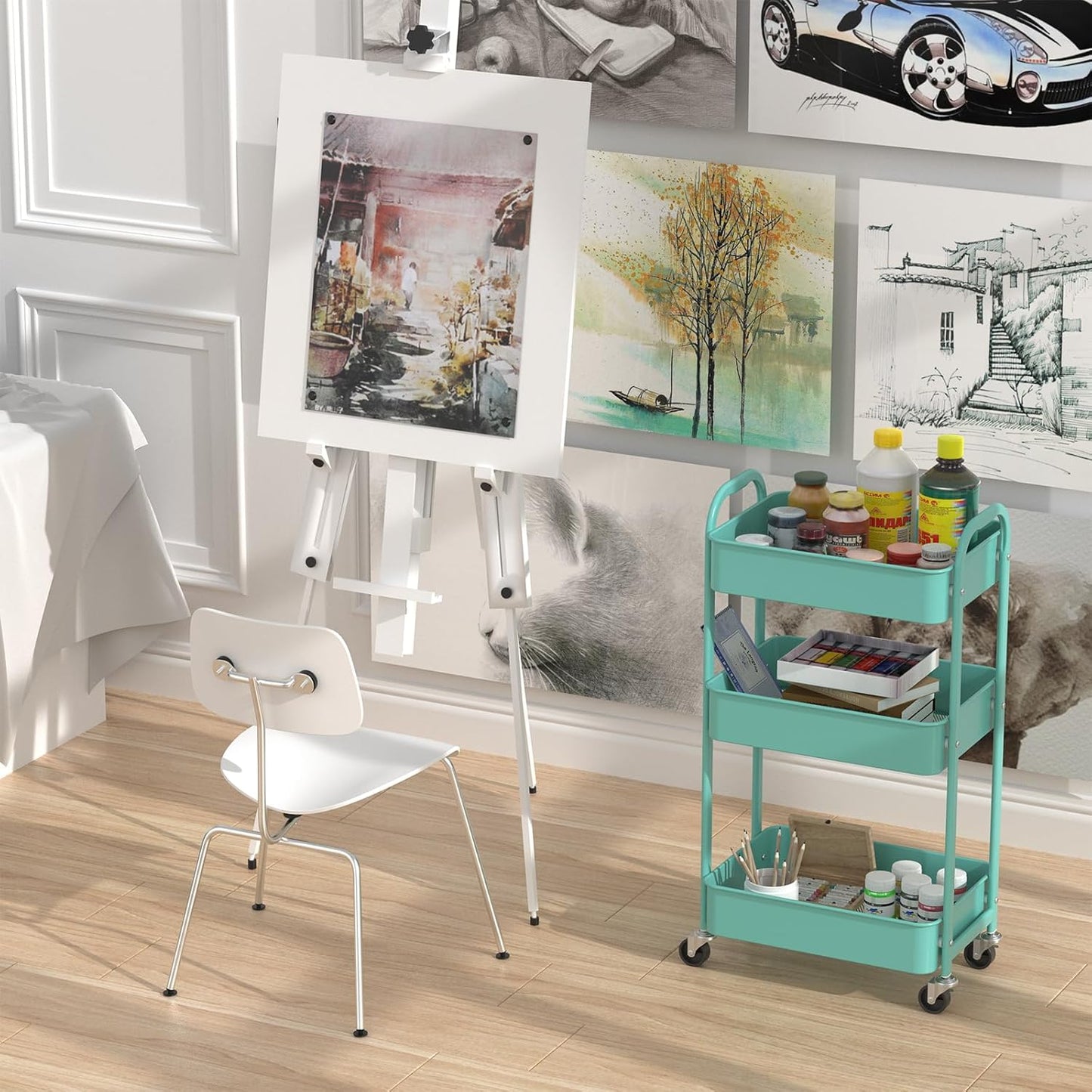 MAX Houser 3-Tier Rolling Utility Cart with Caster Wheels,Easy Assembly, for Kitchen, Bathroom (Turquoise)