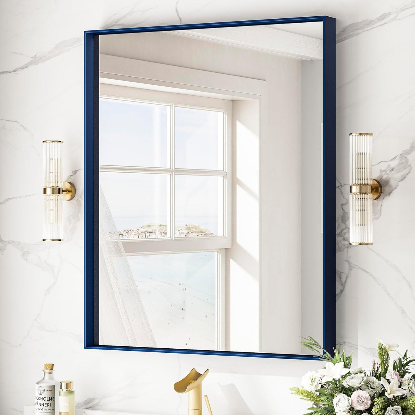 Keonjinn 30 x 36 Inch Blue Bathroom Mirror Metal Frame Navy Blue Wall Mirror for Bathroom Sink Rectangular Brushed Framed Vanity Mirror Square Corner Modern Rectangle Mirror(Horizontal/Vertical)