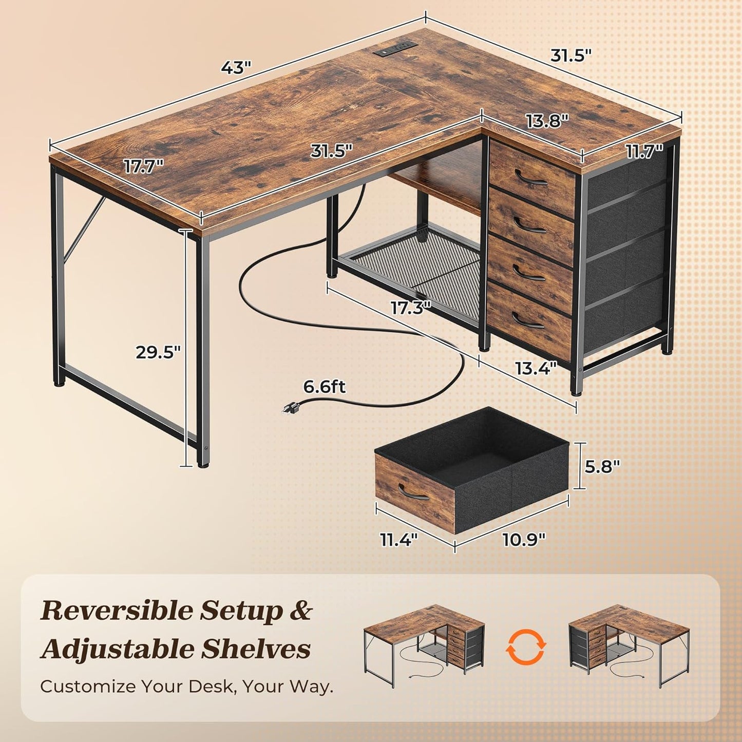 PRAISUN 43.3" Small Computer Desk with Power Outlets and USB-C Port, Reversible L Shaped Corner Office Desk with 4 Fabric Drawers and 2 Height-Adjustable Shelves, for Gaming Writing, Rustic Brown