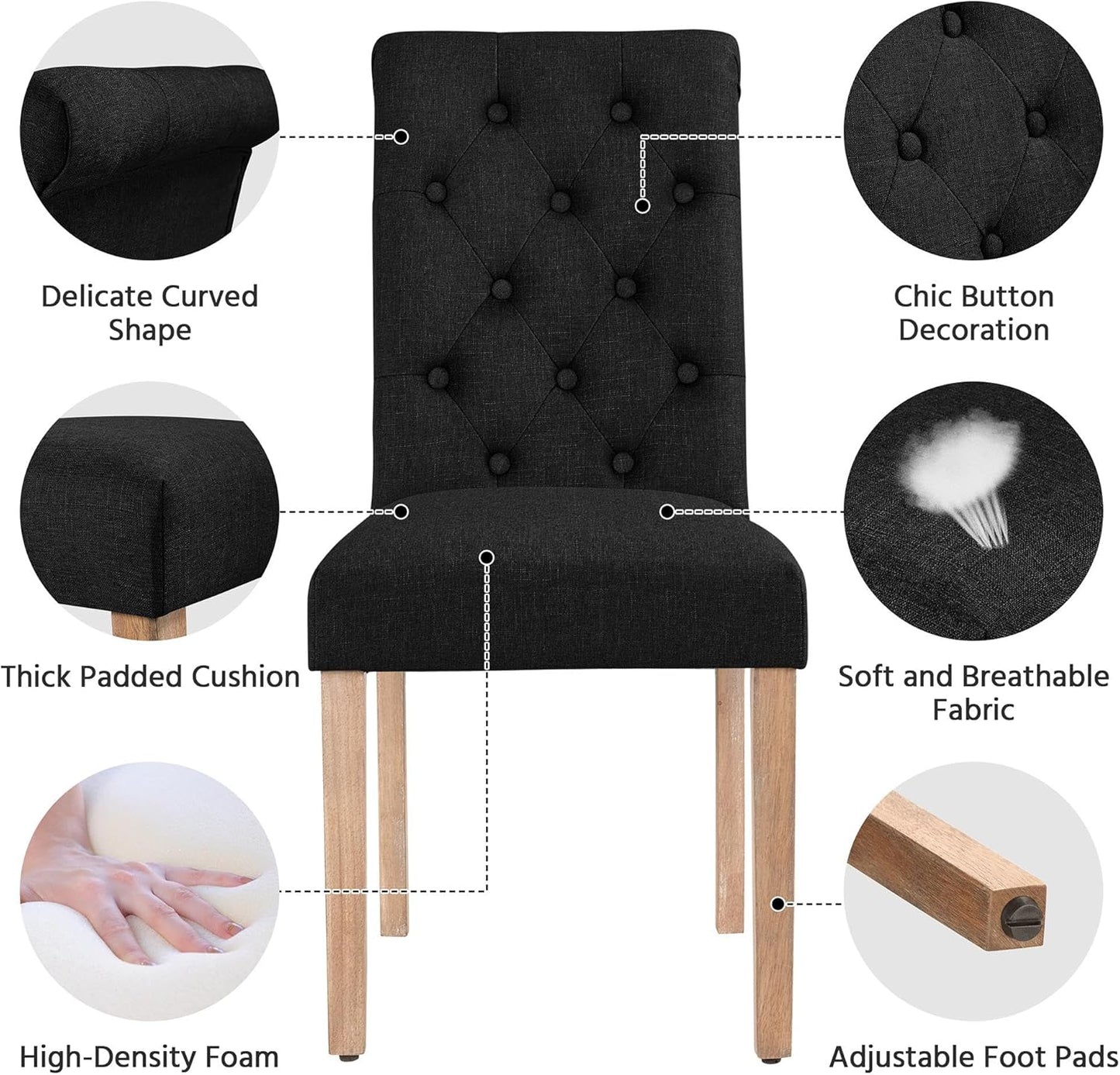 Yaheetech Dining Chairs Set of 6 Fabric Upholstered Dining Room Chairs with Button Tufted High Back and Solid Wood Legs for Kitchen/Living Room/Restaurant, Modern Style, Black