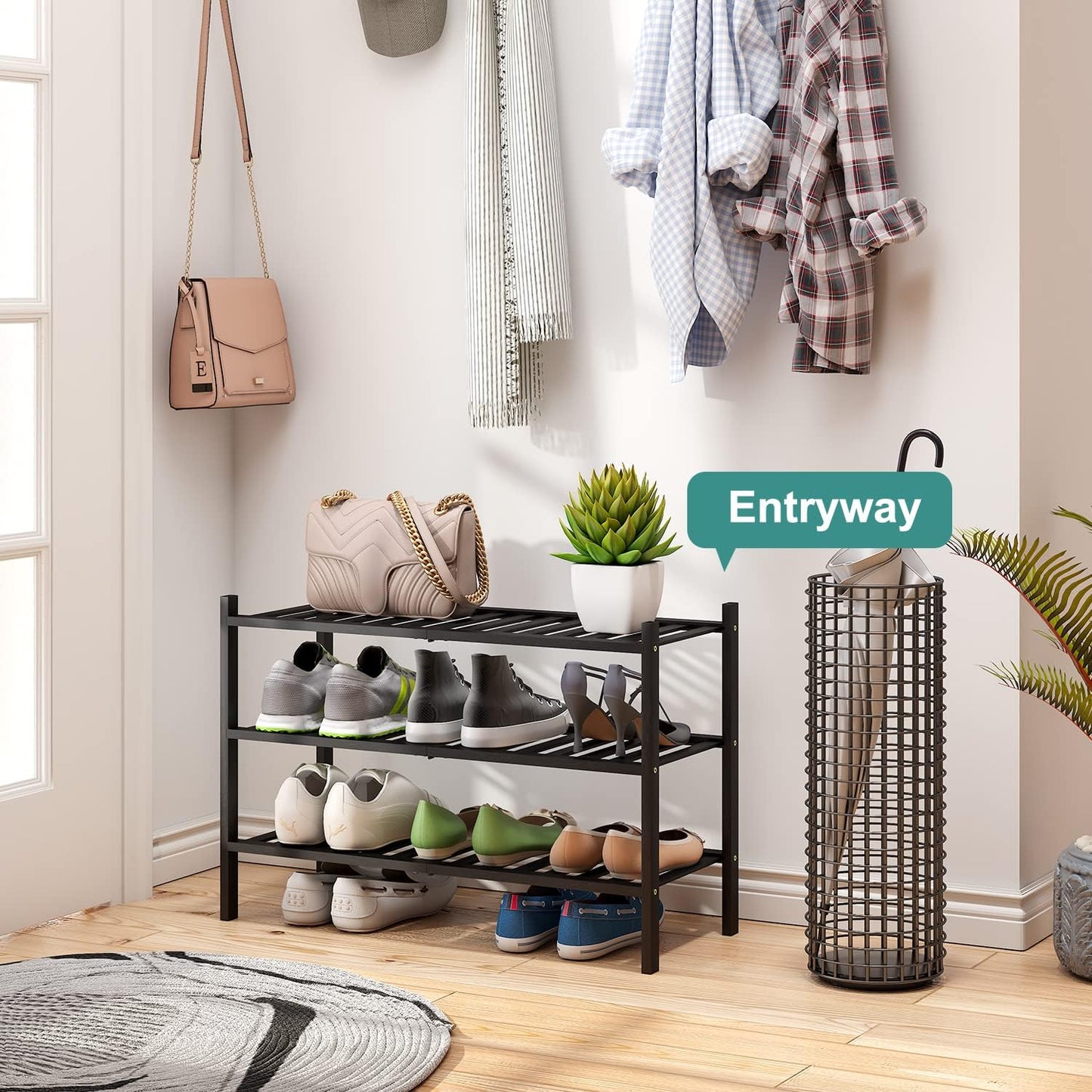 3-Tier Black Bamboo Shoe Rack for Entryway, Stackable | Foldable | Natural, Shoe Shelf Storage Organizer for Hallway Closet, Free Standing Shoe Racks for Indoor Outdoor