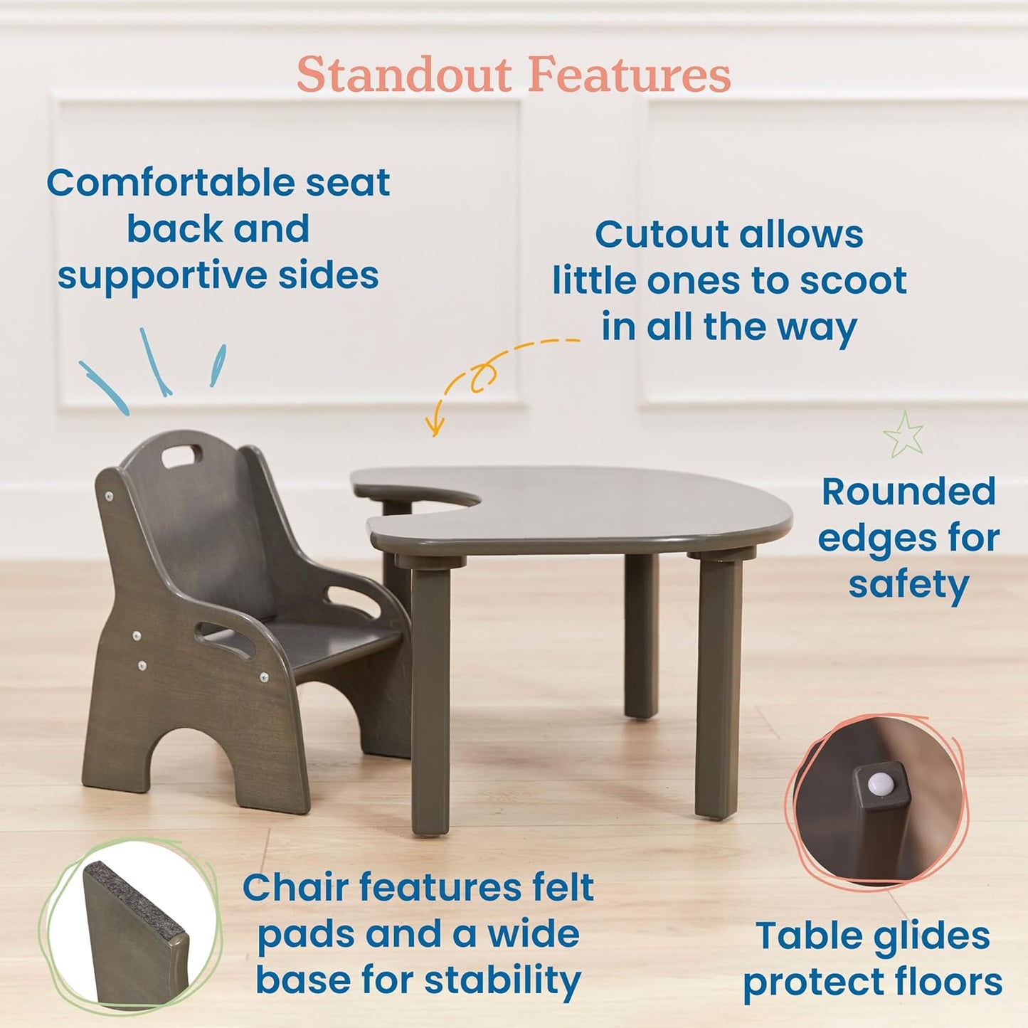 ECR4Kids Little Learner Table and Chair Set, Kids Furniture, Grey Wash