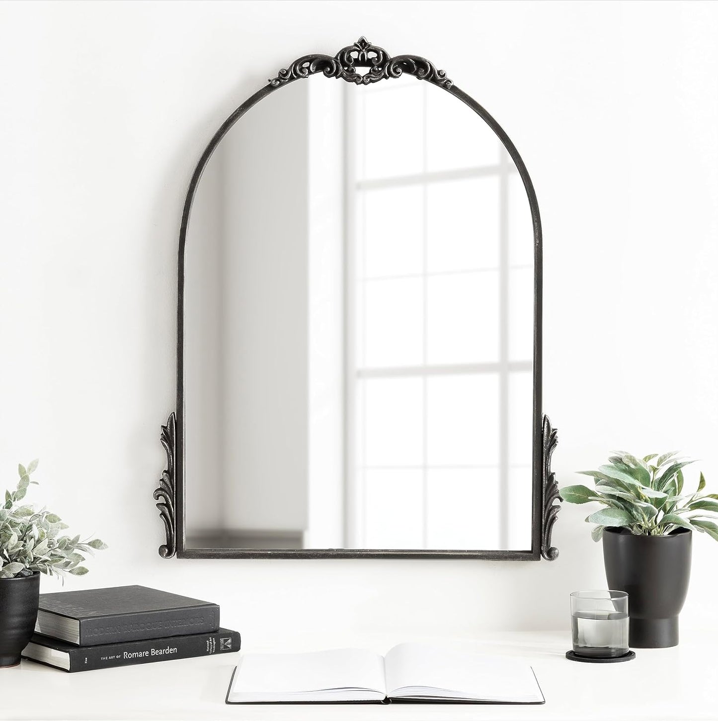 Kate and Laurel Myrcelle Traditional Arched Mirror; 21 x 26; Antique Black; Decorative Arch Vintage Mirror with Ornate Garland Detailing Along The Crown and Edges of The Frame