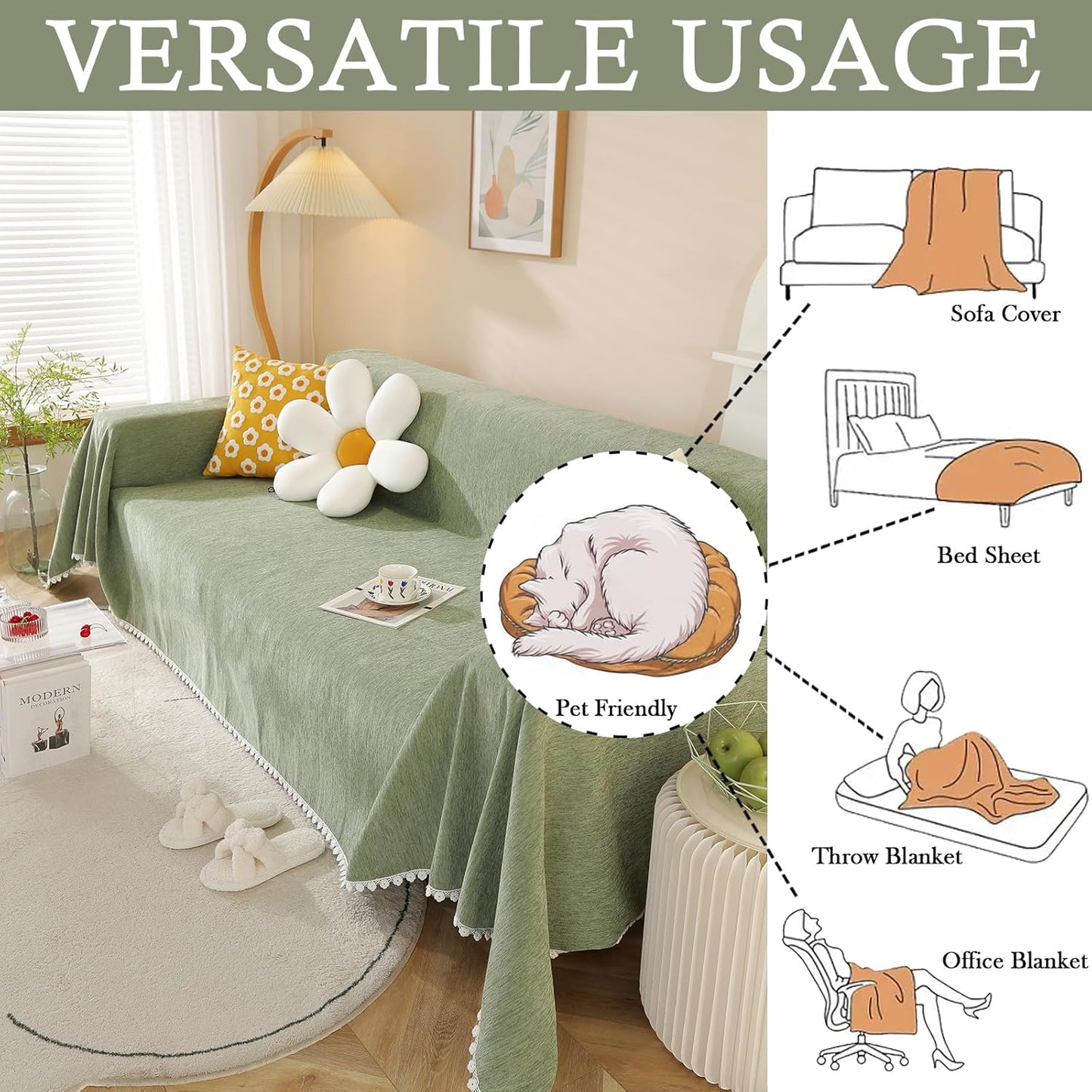 HANDONTIME Couch Cover, Sofa Covers, Sage Couch Cushion Cover Dog Furniture Protector for Living Room Chenille Couch Throw Cover Soft Thick Machine Washable Throw Blankets Sofa Slipcovers, 71" X150"