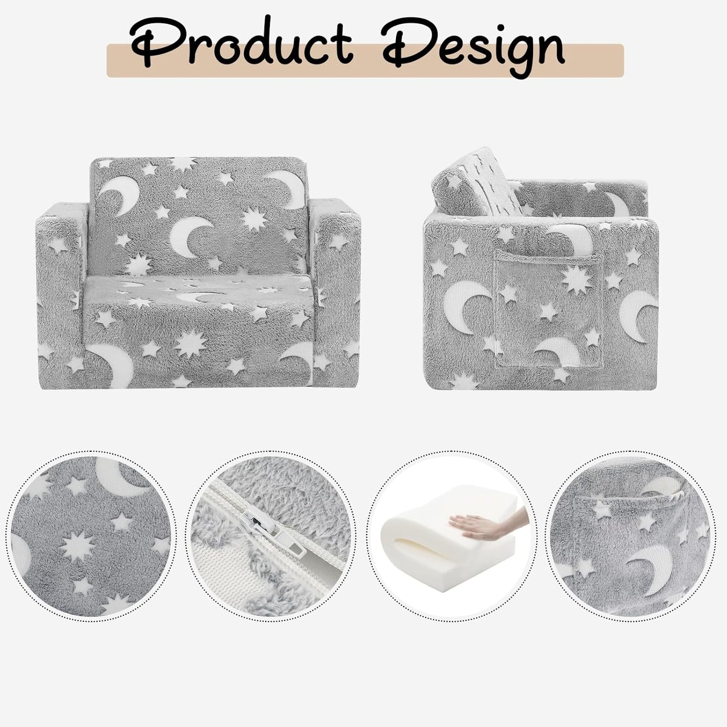 SLIGUY Toddler Couch, Toddler Chair. Kids Couch, Baby Couch, Couch for Kids, Toddler Convertible to Lounger Pull Out Couch, Glow in The Dark Sofa Chair for Boys Medium