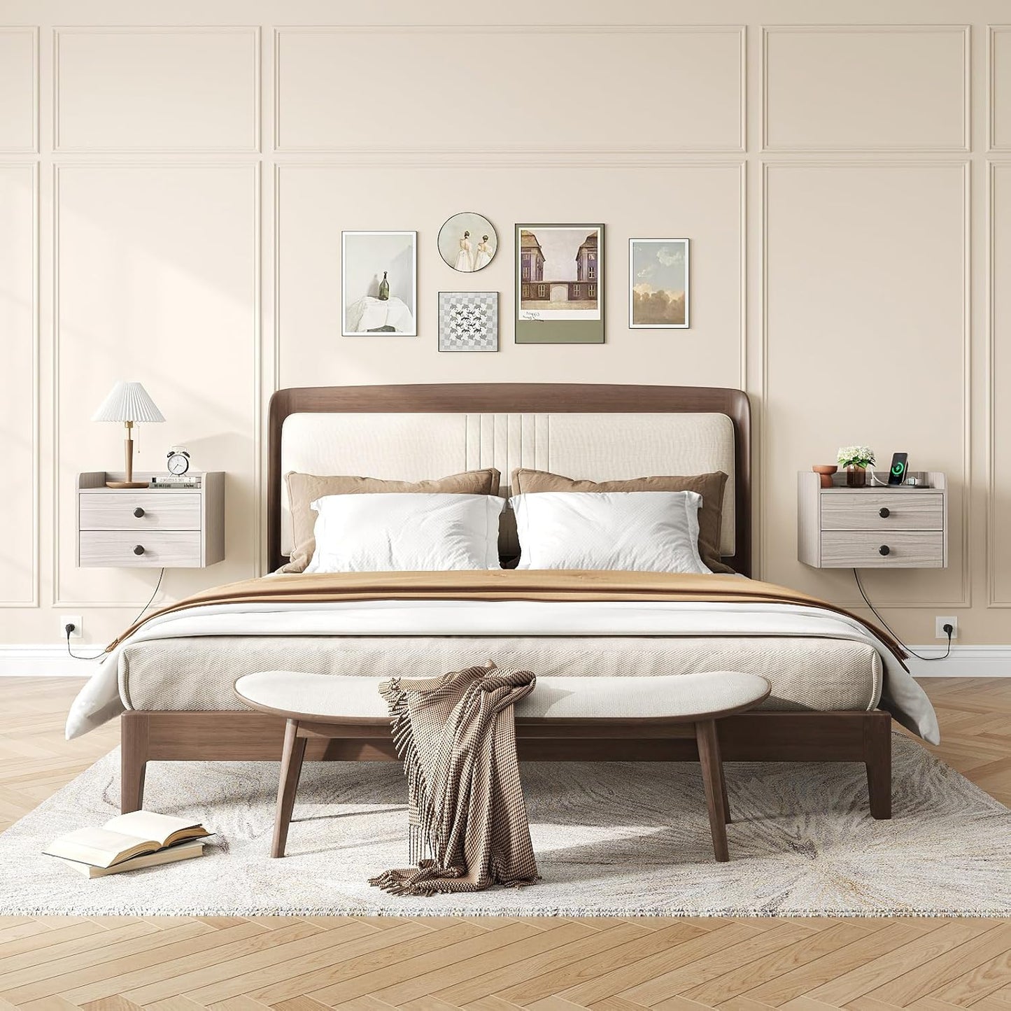 Floating Nightstand Set of 2 with 2 Storage Drawers and Charging Station Wood Wall Mounted Bedside End Table Modern Night Stands Set 2 for Bedroom,Small Space,Grey Black