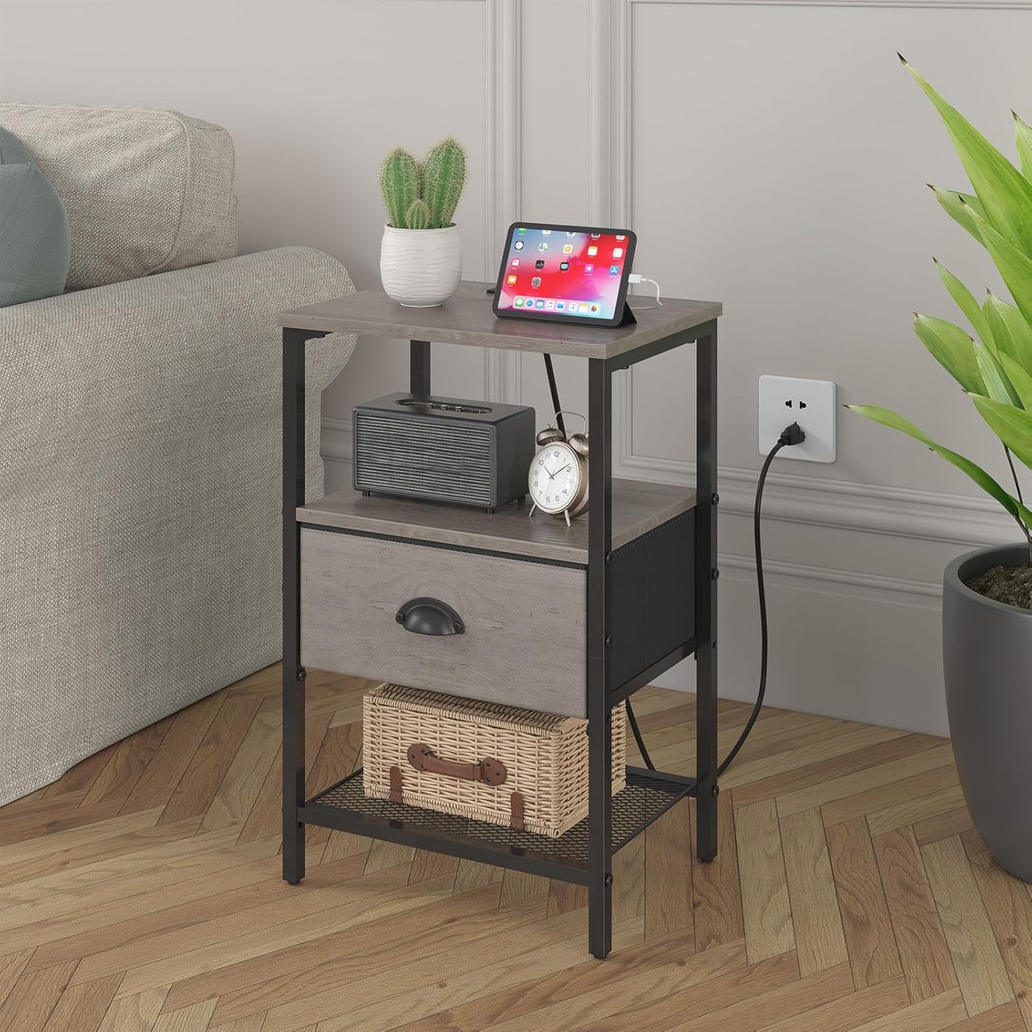 Nightstands Set of 2, Night Stands with Charging Station and Fabric Drawer, Grey Bedside Tables with Drawer, 2- Tier Side Table with Storage, Nightstands with Charging Station,Grey
