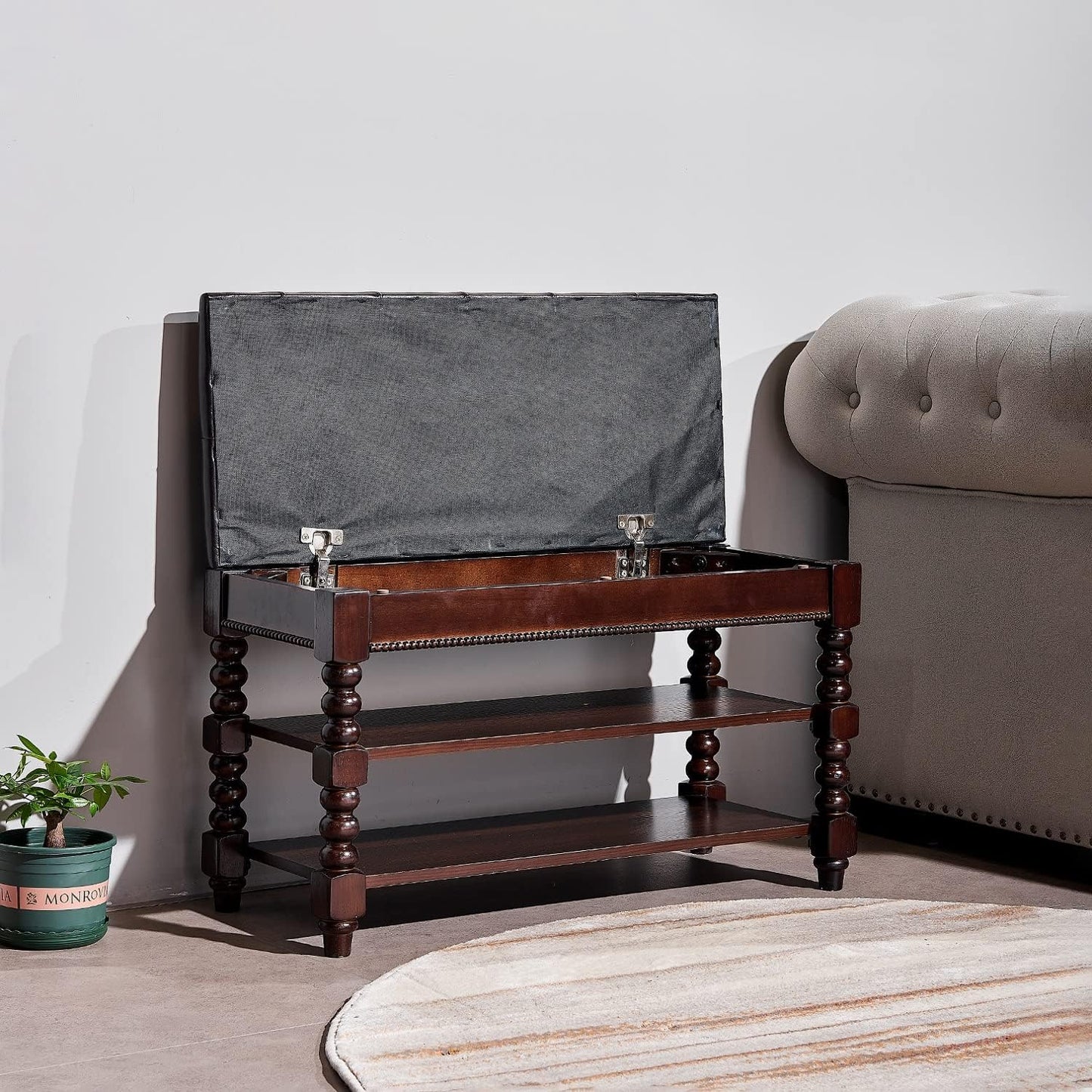 Shoe Storage Bench, Entryway Shoe Rack with Leather Seat 2-Tier Lift-top Organizer Wooden Bench for Foyer Bedroom Living Room Accent Furniture (39.4'')