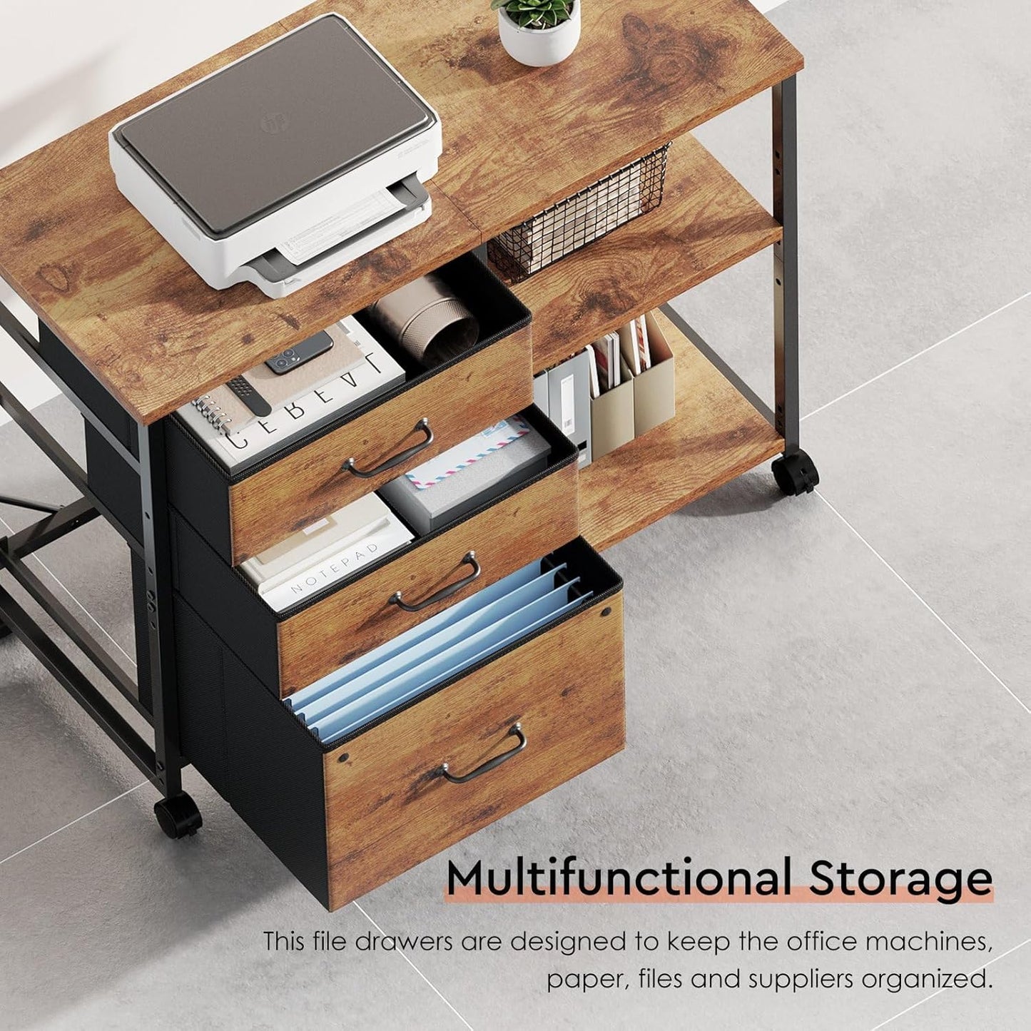 3 Drawer File Cabinet with Wheels Rolling Printer Stand with Open Storage Shelf Fabric Lateral Filing Cabinet for Home Office,Rustic Brown2