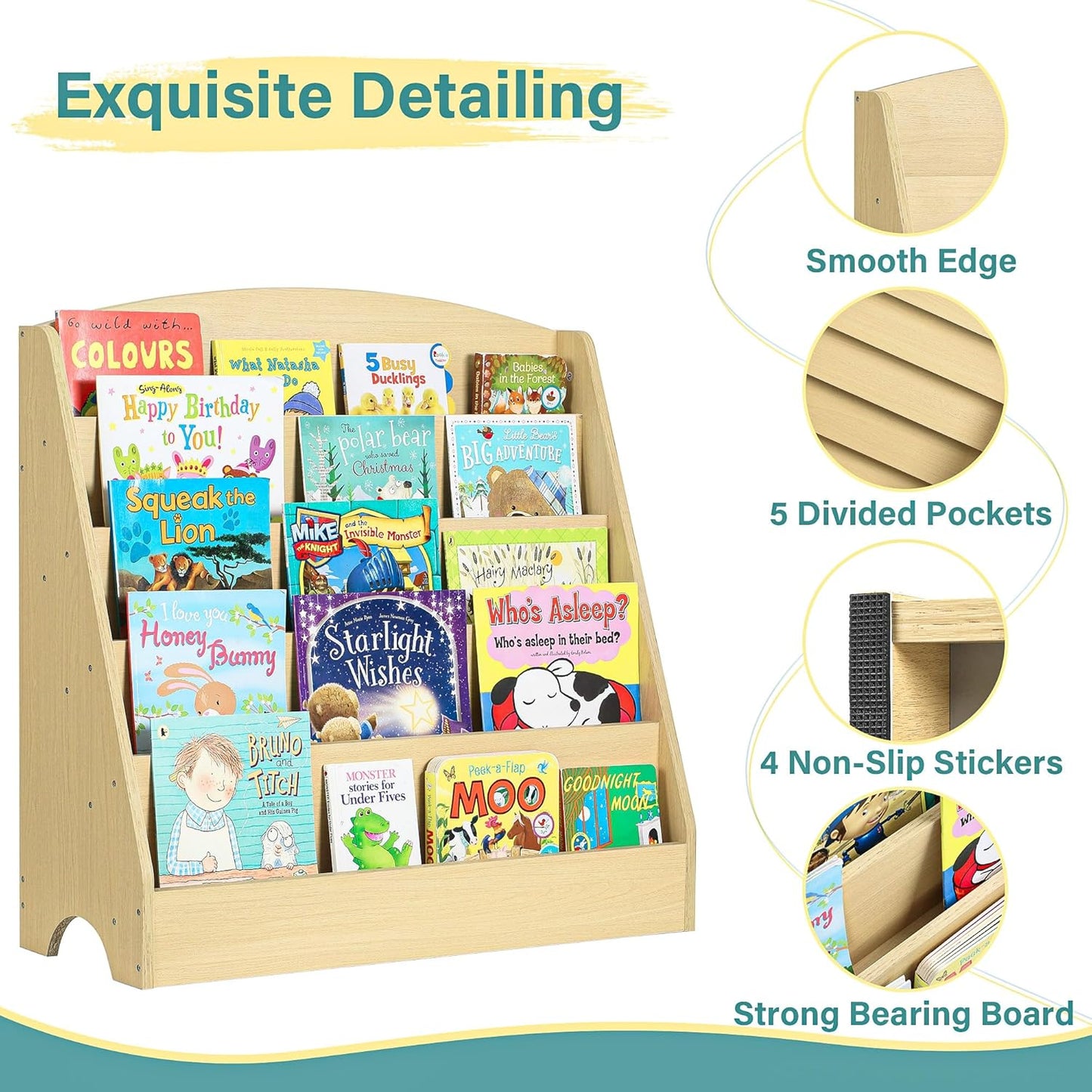 TOETOL 5-Tier Kids Bookshelf - Toddler Book Display Shelves for Classrooms, Playrooms, and Nursery - Wooden Children Book Rack (Natural)
