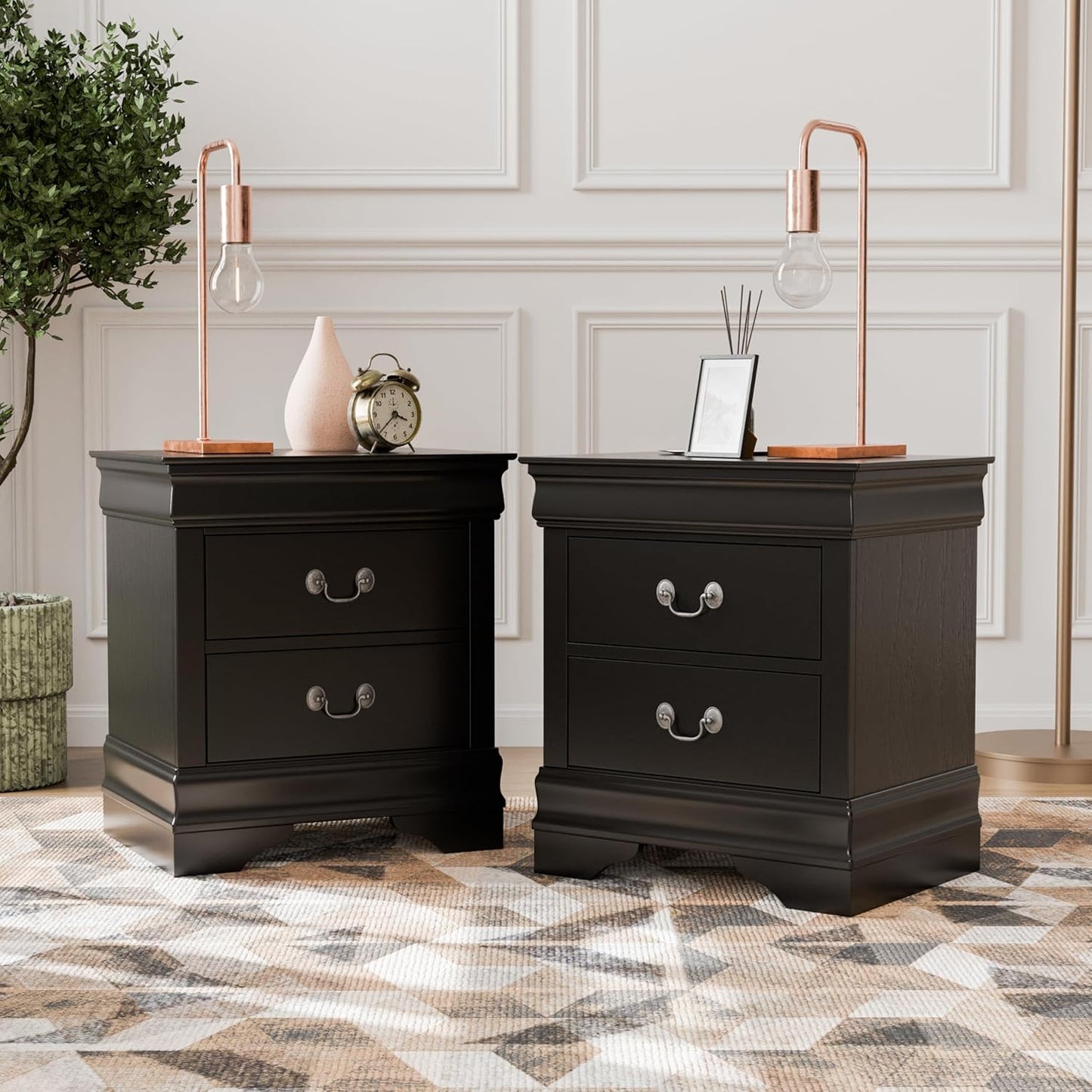 Furniture of America Arabella Traditional Solid Wood Nightstands Set of 2, Bedside Table with Drawers and Antique Nickle Handles, No Assembly Wooden Night Stands for Bedrooms, Guest Room, Dorm, Black