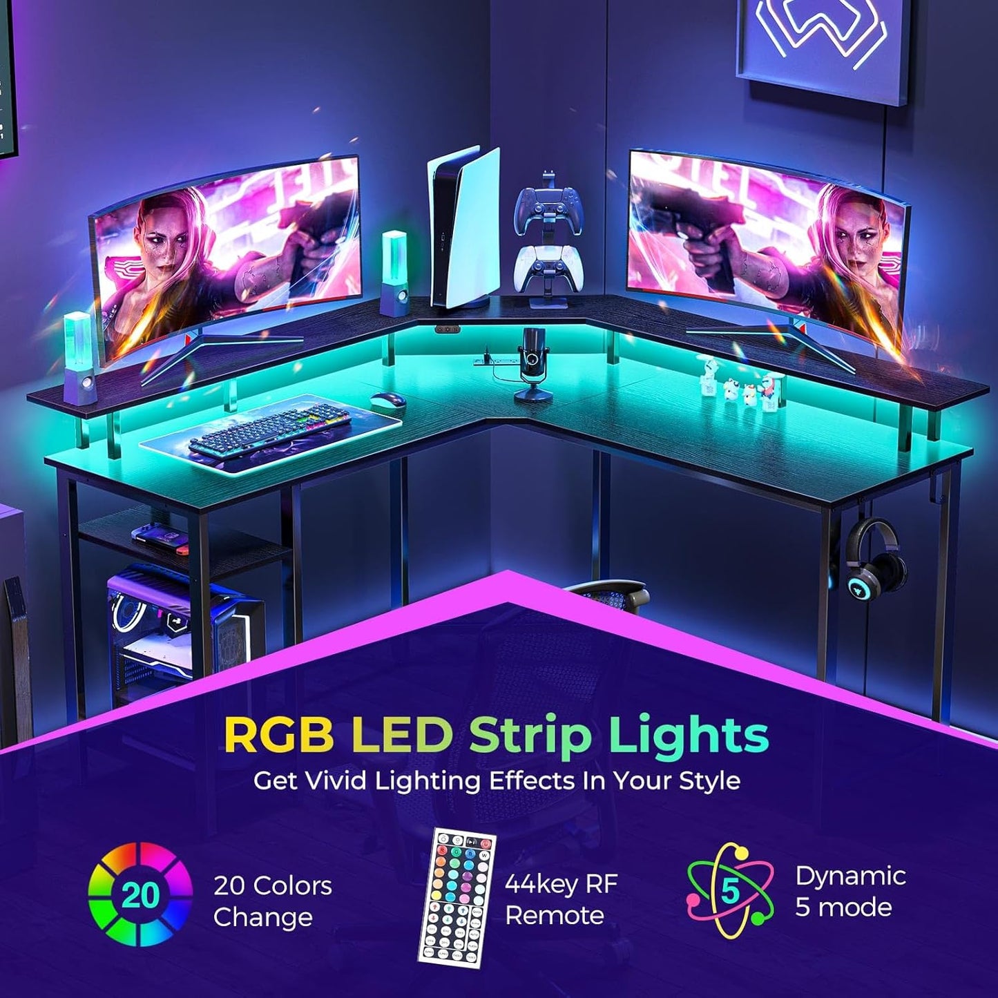 Rolanstar L Shaped Gaming Desk with LED Lights & Power Outlets, 53" Computer Desk with Full Monitor Stand & Storage Shelf, Corner Desk with Hooks, Black Desk Reversible