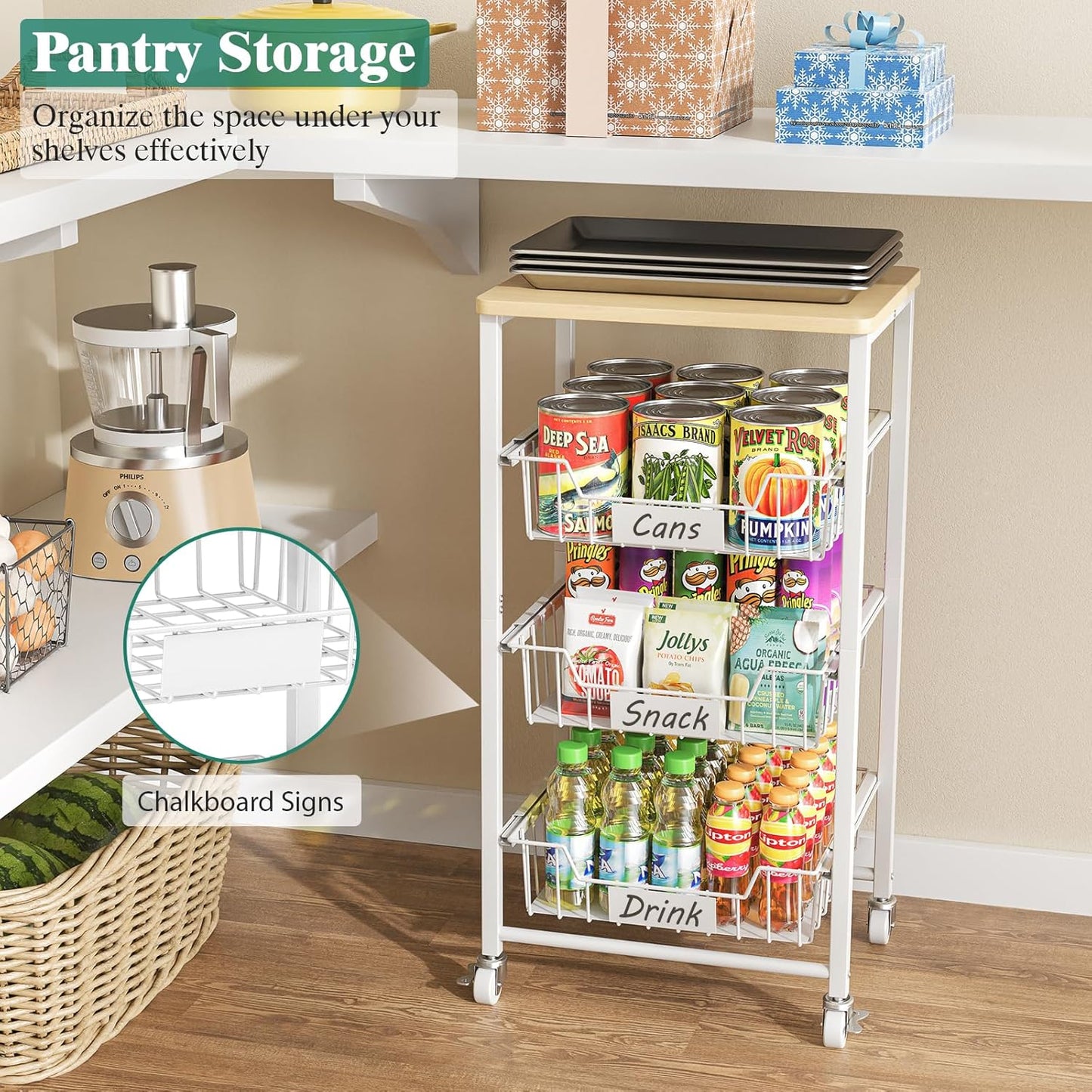 Fruit Vegetable Basket for Kitchen Pantry Storage Organizer, 4-Tier Metal Utility Kitchen Rolling Cart on Wheels with Drawer Rack and Wood Top for Potatoes Onions