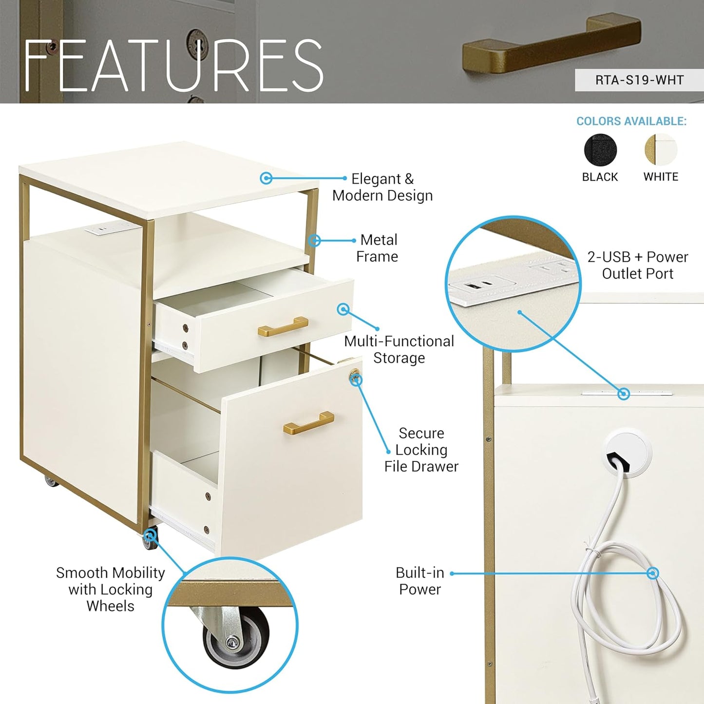 Modern 2-Drawer Rolling File Cabinet with Lock, 2 USB Ports and Power Outlet for Device Charging, Portable File Organizer or Printer Stand for Office or Home with Locking Wheels, White & Gold