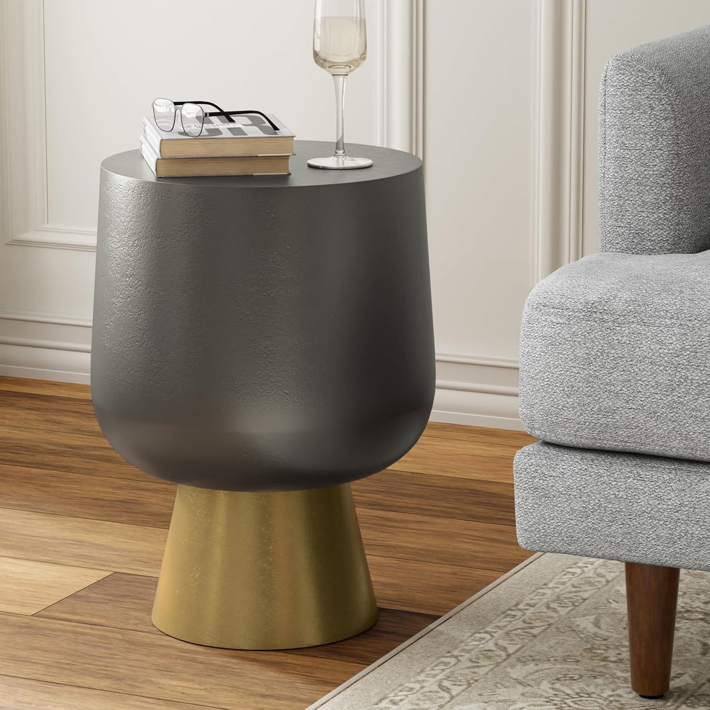 SIMPLIHOME Anthony Cast Aluminum Side Table in Antique Bronze/Brass, 13.75-inch Round, 20-inch Tall, Industrial Vintage Design for Living Room