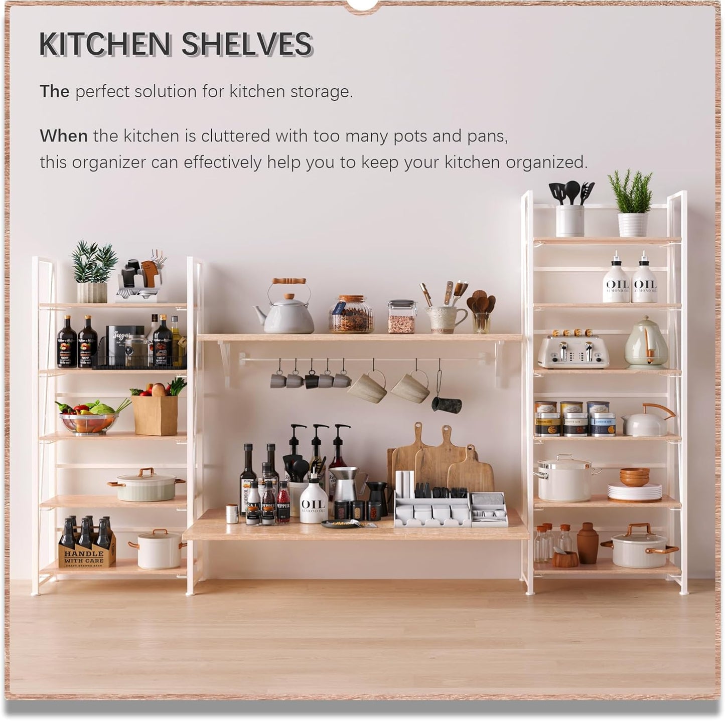 4NM No Assembly Folding Bookshelf, 6-Shelf 74" H Collapsible Foldable Bookcase Storage for Small Spaces, Natural White