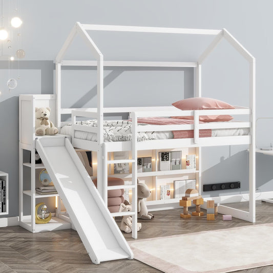 Twin Size House Loft Bed with Slide, Storage Shelves and Light, Wood Kids Bed Frame with Guardrail and Ladder,Climbing Ramp,for Teens Boys Girls Bedroom, White