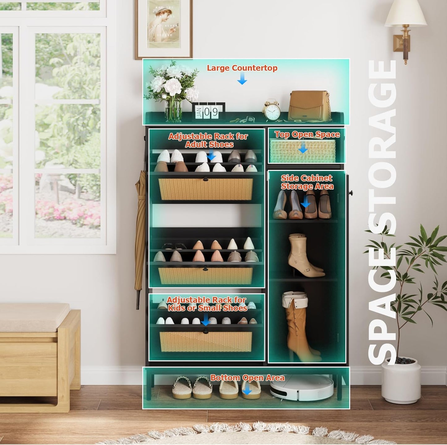 GarveeHome Shoe Cabinet Rattan with 3 Flip Drawers and 4-Tier Shoe Storage Cabinet, Freestanding Shoe Organizer with Adjustable Shelves for Entryway, Closet, Hallway (Black)