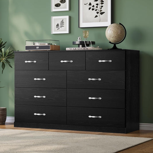 LINSY HOME 9 Drawer Dresser for Bedroom, 54" Wide Chest of Drawers, Modern TV Stand Dressers with Wood Frame and Metal Handles, Large Drawer Organizer for Bedroom, Living Room, Black