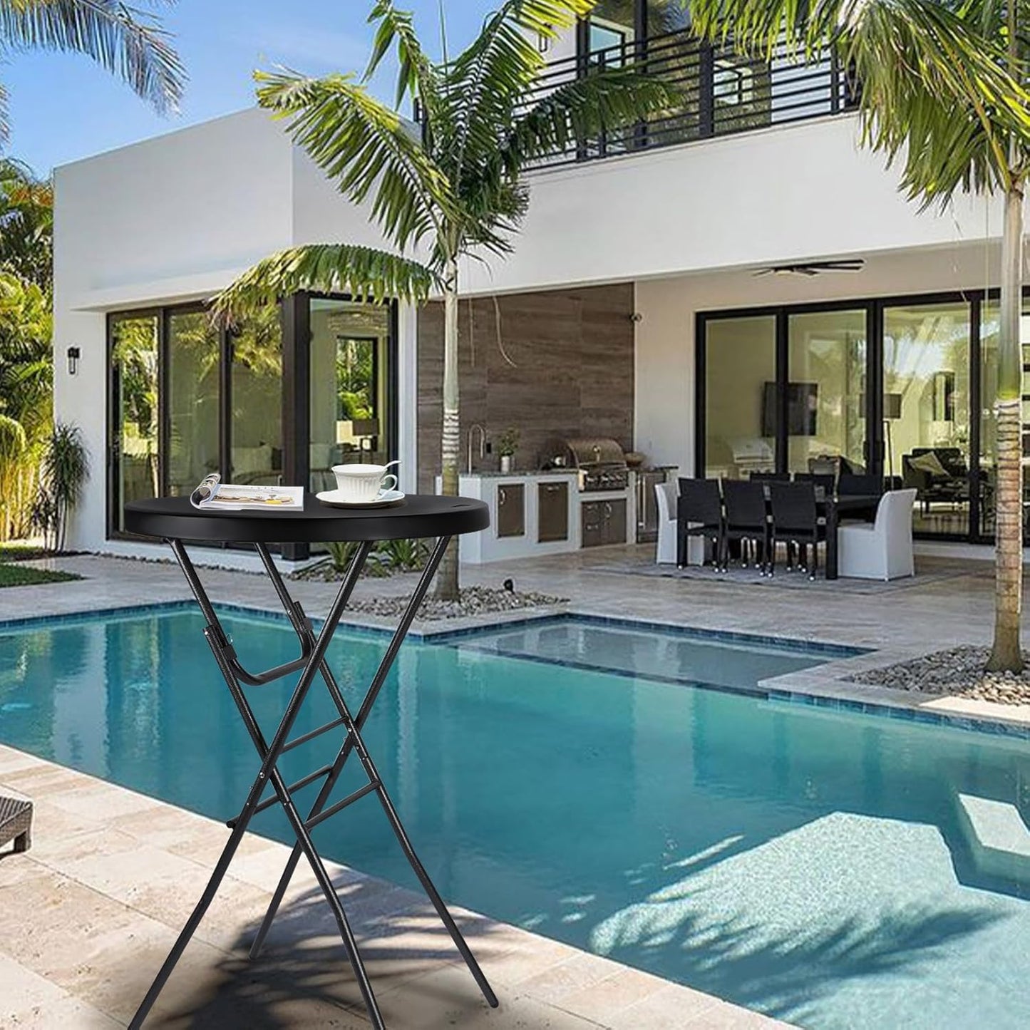 Cocktail Table 28in Folding Round High Top Indoor Outdoor with Removable Legs, Tall Bistro Foldable Bar Height Table for Parties, Patio, Backyard, Dining Room, Events, Black- 2PCS