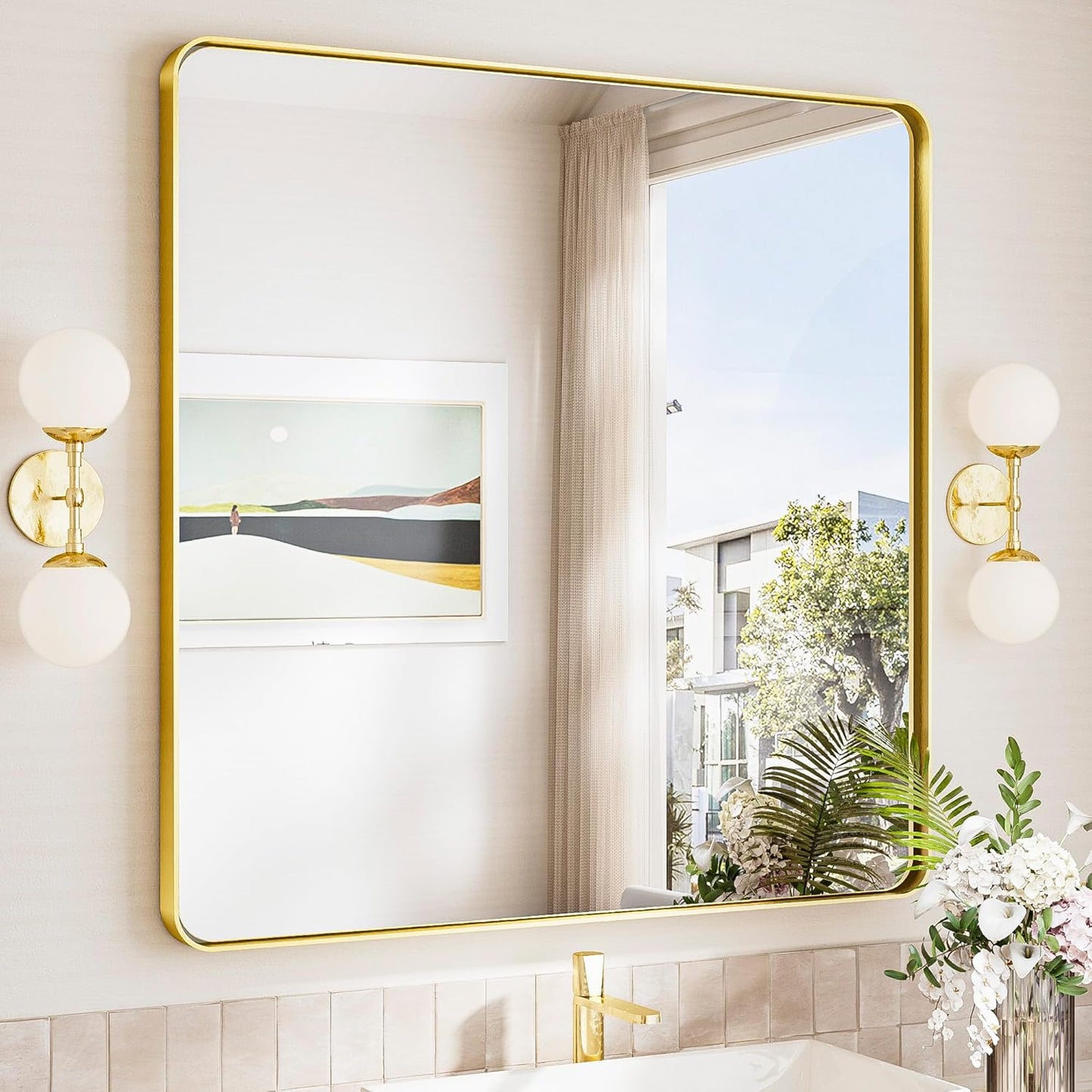 TokeShimi 36x36 Brushed Gold Bathroom Mirror,Bathroom Vanity Mirror Square,Tempered Glass,Gold Framed Bath Mirror Wall(Horizontal/Vertical)