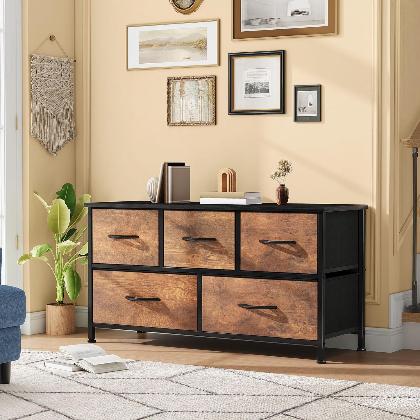 DWVO Dresser for Room with 5 Drawers - Fabric Storage Tower, Long Fabric Dresser, Organizer Unit for Closet, Hallway