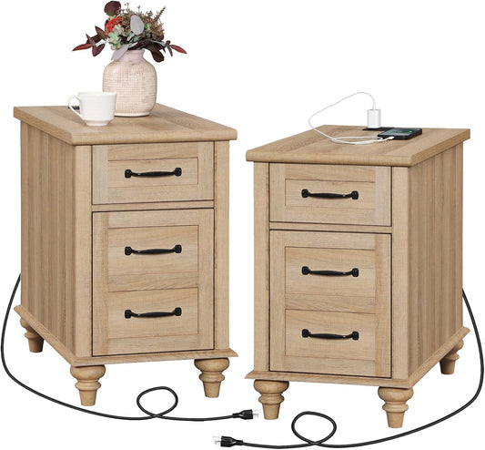 WAMPAT Set of 2 End Tables with Charging Station, Wooden Side Table with Drawer & Storage Cabinet, Farmhouse Nightstands with Power outlets USB Ports for Living Room & Bedroom, Oak