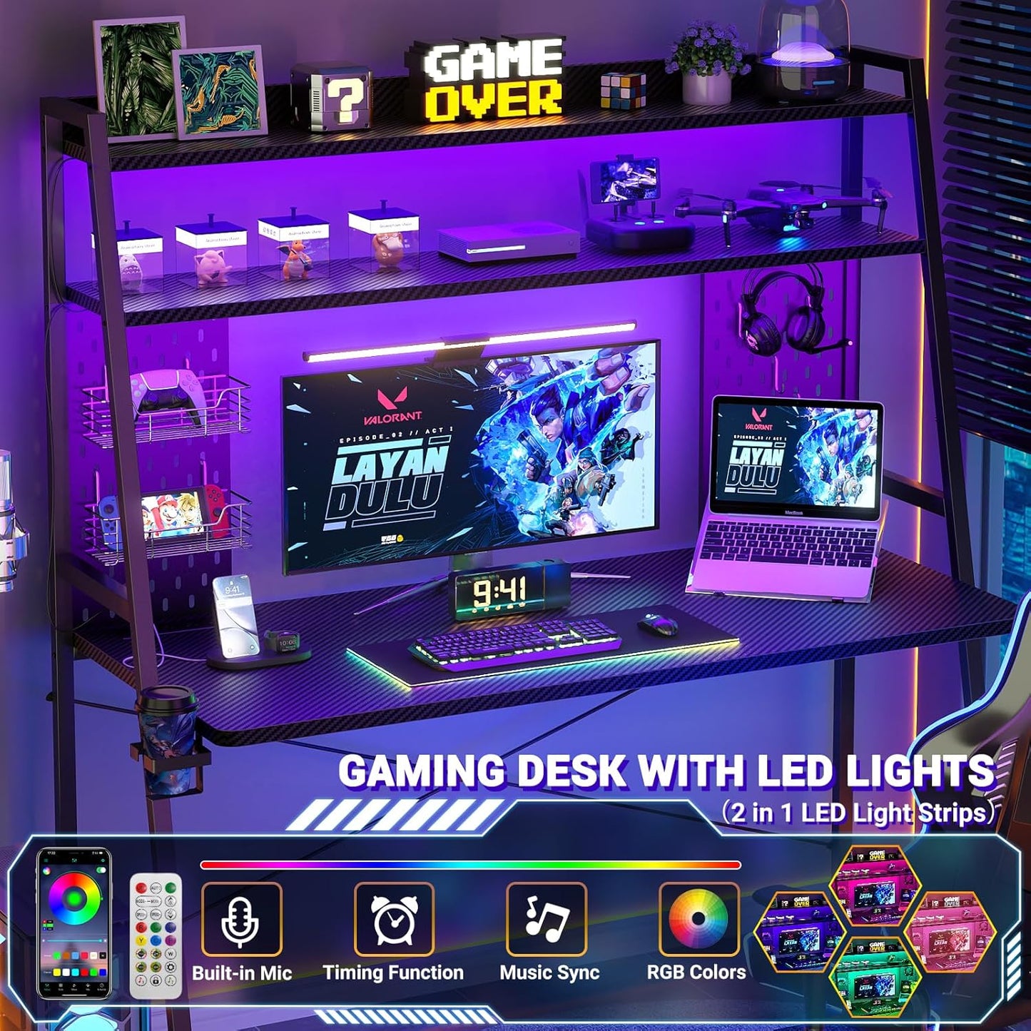 Gaming Desk with Hutch and LED Lights, Gaming Computer Desk with Power Outlets, Gamer Desk with Storage Shelves, PC Game Desks with Pegboards, for Bedroom, Carbon Fiber Black, 49"