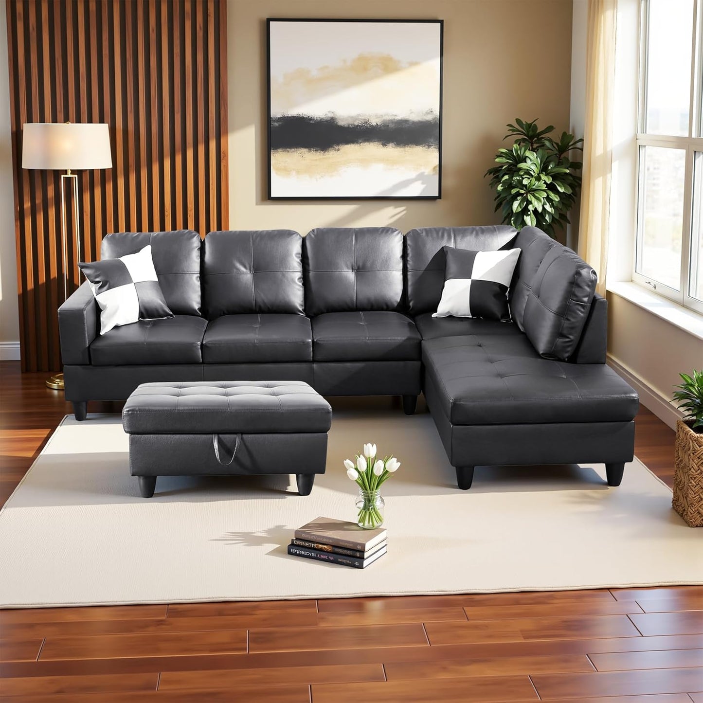 Couches for Living Room Faux Leather L Shaped Couch Comfy 3 Pieces Sectional Sofa with Chaise, Ottoman with Storage for Office and Small Apartment, Black