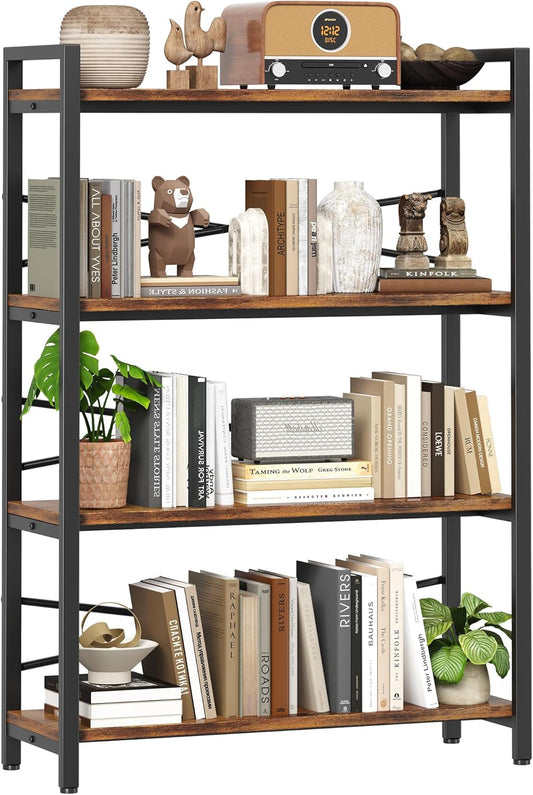 4 Tier Bookshelf 31.49" Width, Tall Book Shelf Storage and Organization, Wooden and Metal Industrial Bookcase, Large Book Shelves for Home Living Room Bedroom Office Storage(Vintage)