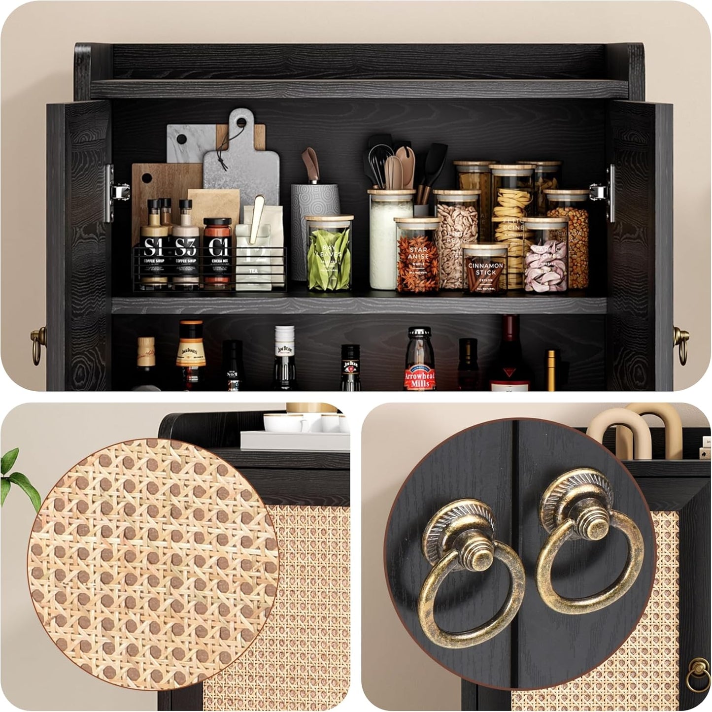 Buffet Cabinet, Rattan Storage Cabinet with Round Pull Rings, Sideboard with Ample Storage, Bar Liquor Shelf with 2 Doors for Living Room, Hallway, Black