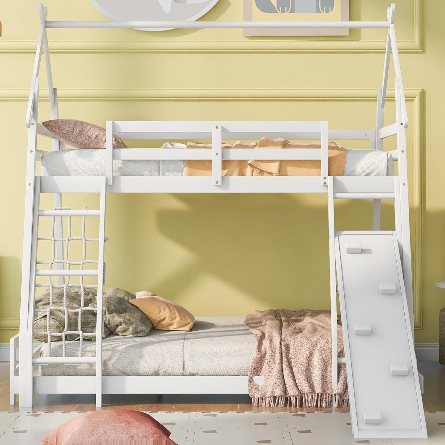 Twin Over Queen House Bunk Bed with Climbing Nets and Climbing Ramp for Kids Teens Boys Girls,Solid Wood Bunk Bed Frame with Safety Guardrails,Playful Design,White