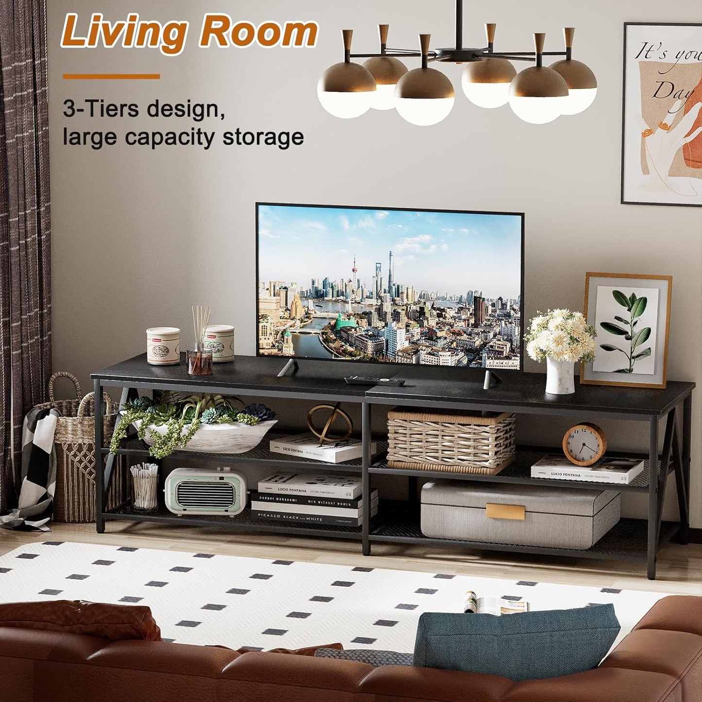 TV Stand for TVs up to 75 Inch, 70" Long Industrial TV Console Table with 3-Tier Storage Shelves, Entertainment Center for Living Room, Bedroom (Black)