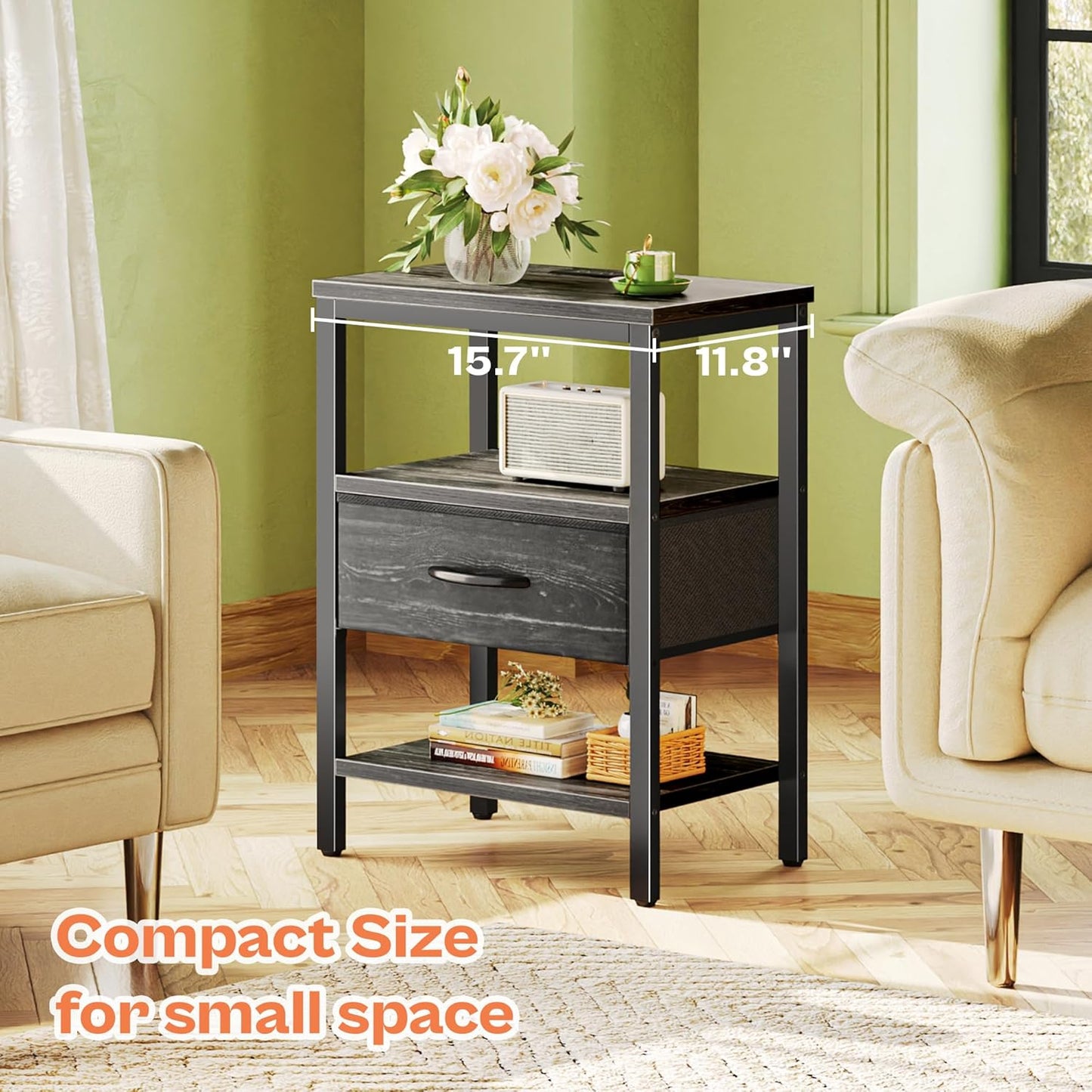 SUPERJARE Nightstand with Charging Station, Bed Side Table with Adjustable Fabric Drawer, Night Stand for Bedroom, 3-Tier Storage End Table, for Living Room, Charcoal Black Wood Grain Print