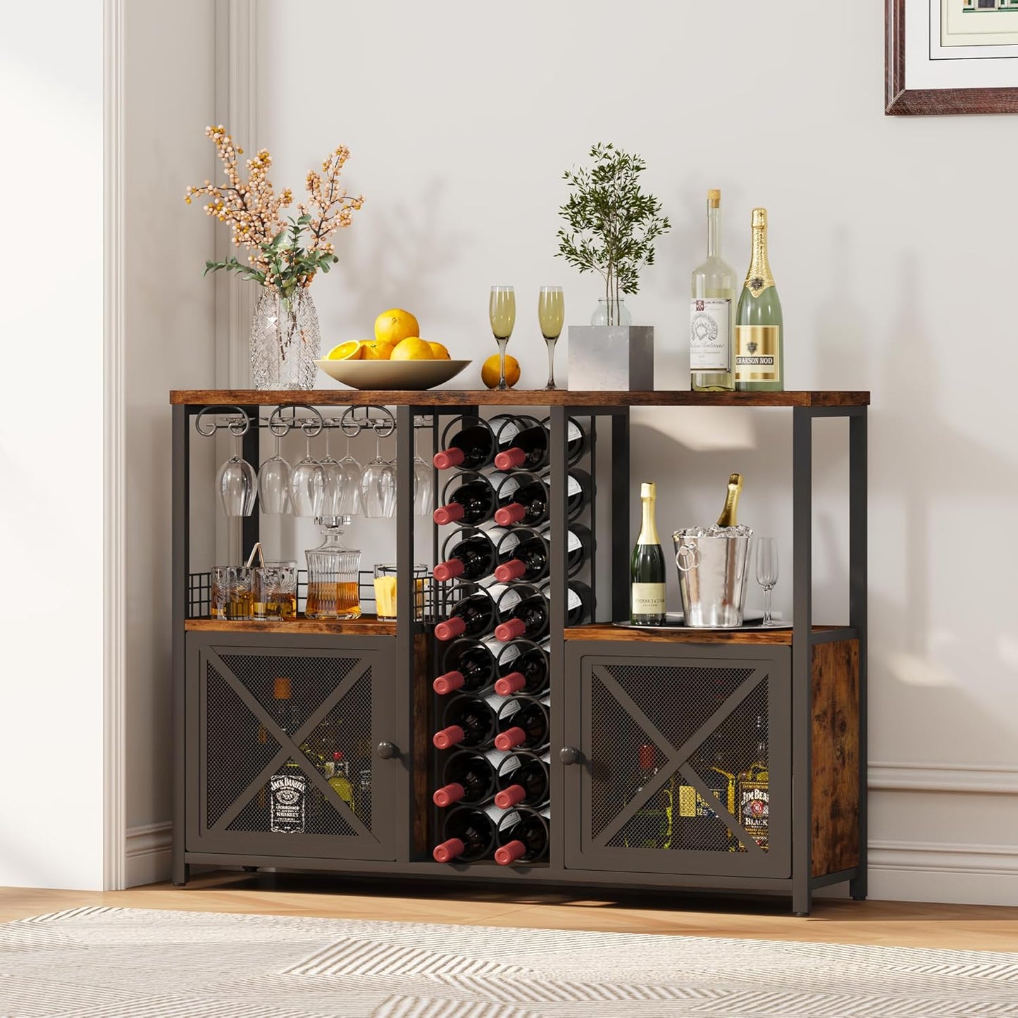 Homeiju Mini Bars for Home, Wooden Coffee Bar Cabinet, Modern Liquor Cabinet for Liquor and Glasses, Farmhouse Buffet Wine Cabinet with Storage Sideboard for Home Kitchen Dining Room