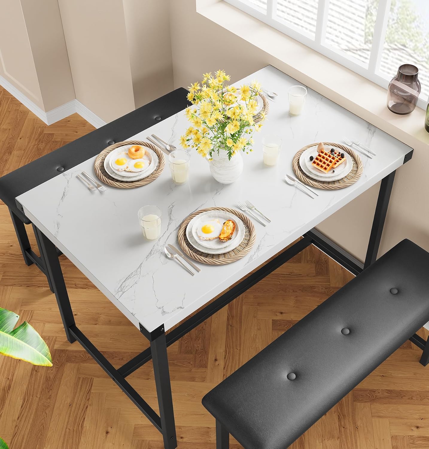 Dining Table Set for 4, Kitchen Table with 2 Upholstered Benches, 3-Piece Dining Room Set for Kitchen, Apartment and Small Spaces, Marble White