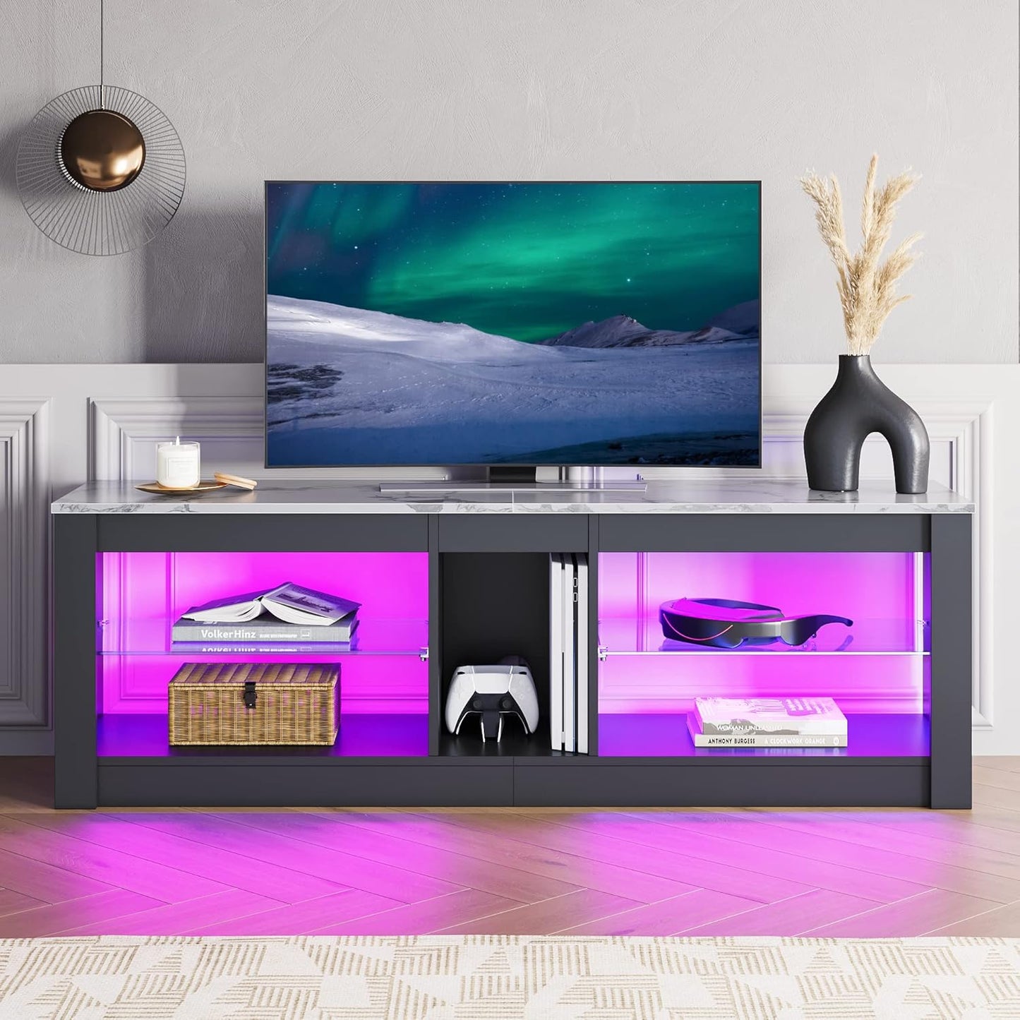 Bestier White Marble TV Stand LED Entertainment Center Gaming TV Stand for 55 Inch TV RGB Television Stand with 2 Adjustable Glass Shelves Xbox PS4 Game Console Cabinet for Living Room