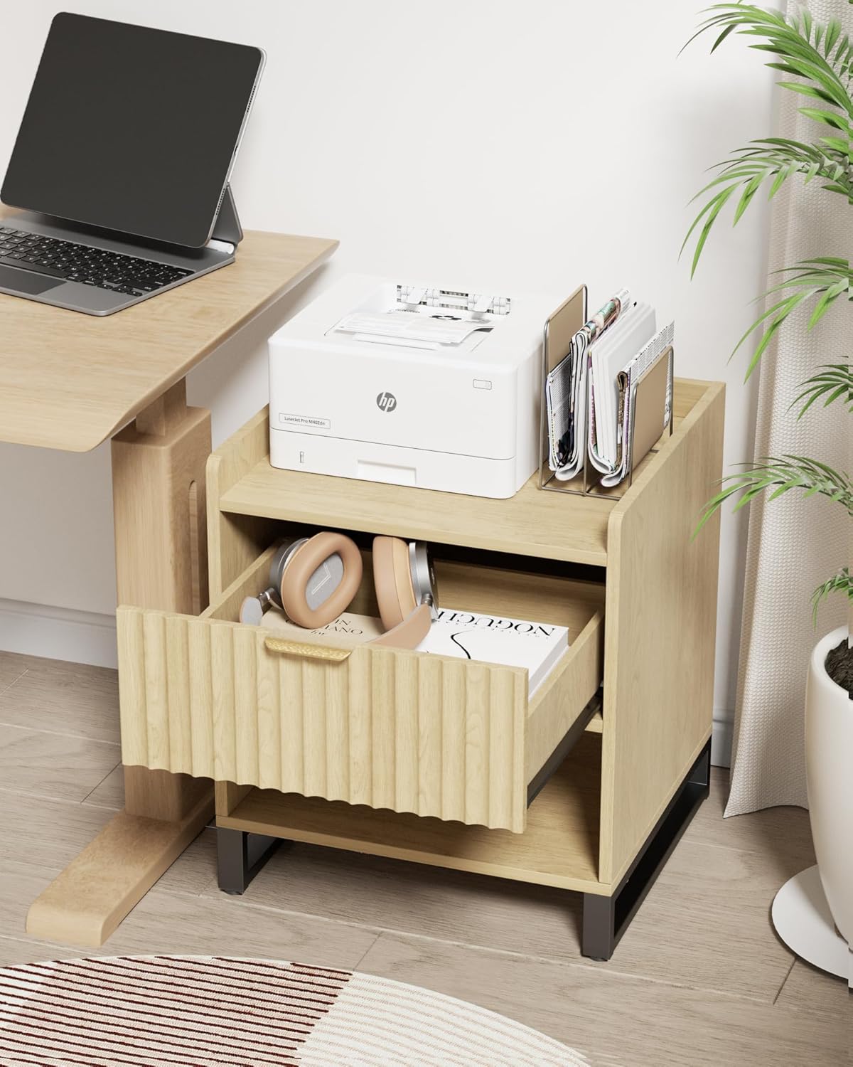 Fluted Night Stand Set 2 with Charging Station, Wood Nightstand with Large Drawer and Open Storage Cabinet, Mid-Century Modern Bedside Table End Table for Bedroom Closet Office