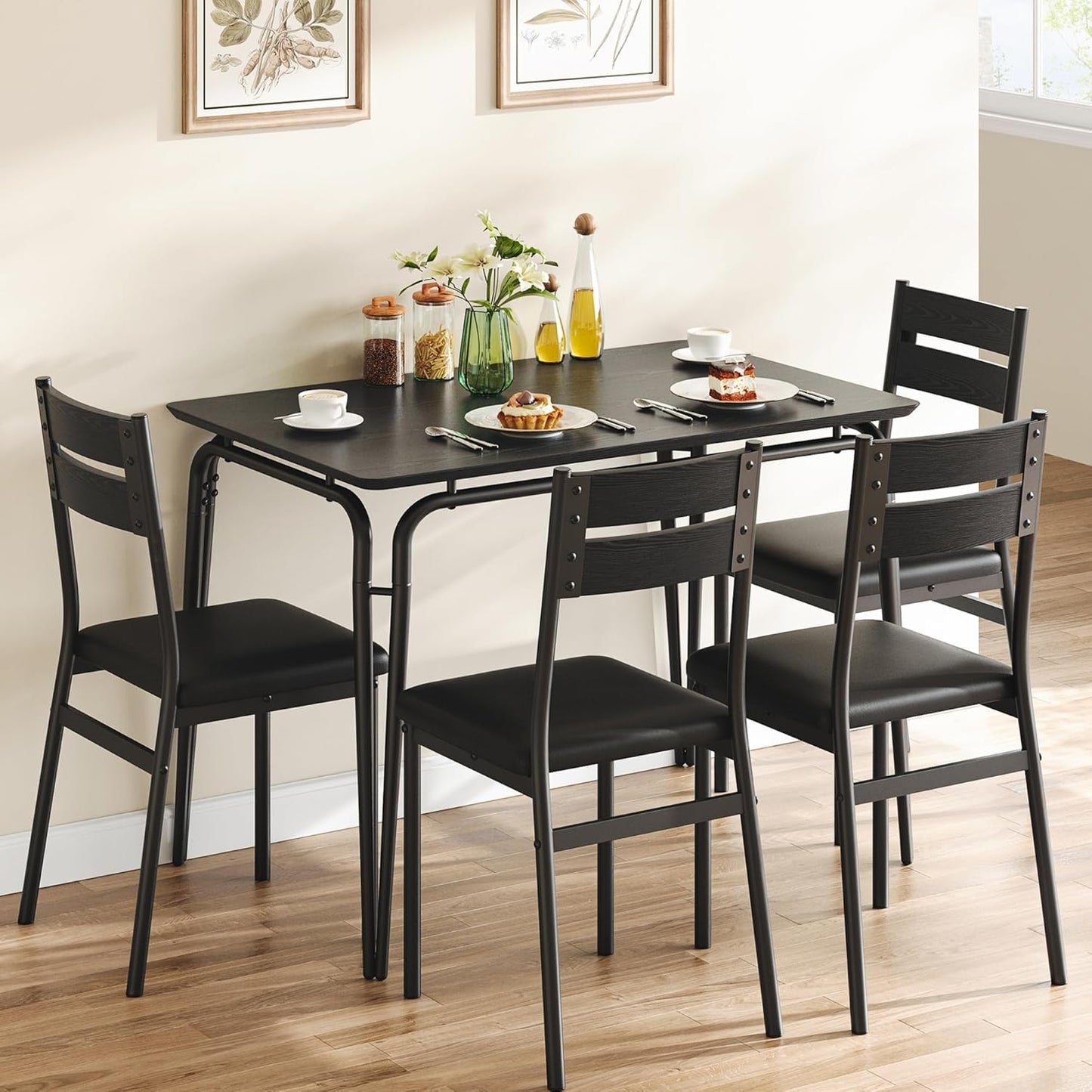 5 Piece Dining Table Set for 4, Compact Square Table Chairs, Sturdy MDF Top, Metal Frame, Space-Saving Breakfast Set for Kitchen, Apartment, Office, Easy Assembly Wipe-Clean