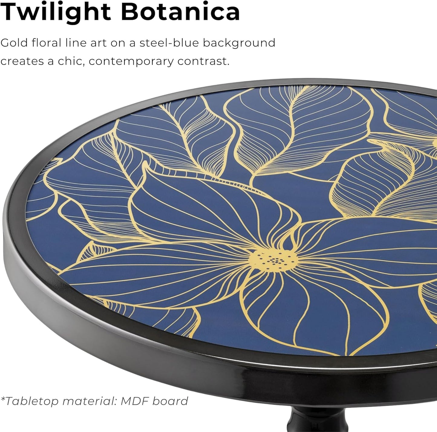 HOMES: Inside + Out Halric Modern 24" Tall Round End Table with Decorated Tabletop and Iron Metal Base, Accent Furniture, Elegant Pedestal Stand for Living Room, Home Office, Black with Floral Print