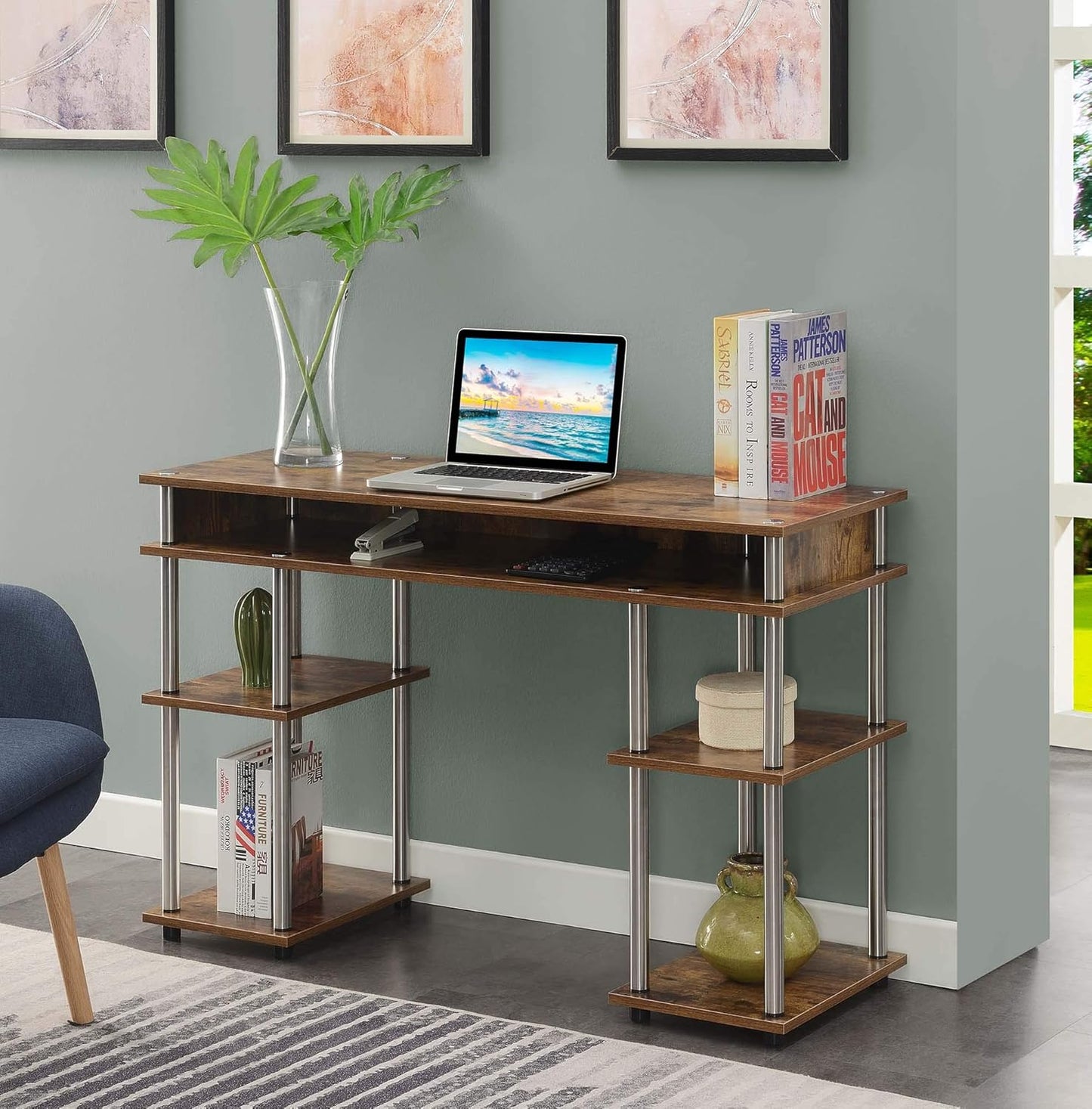 Convenience Concepts Designs2Go No Tools Desk Home Office Desk with Shelves, Corner Shelf Vanity Desk Computer Desk Nail Table for Nail Tech - 47.25" L x 15.75" W x 30" H, Barnwood