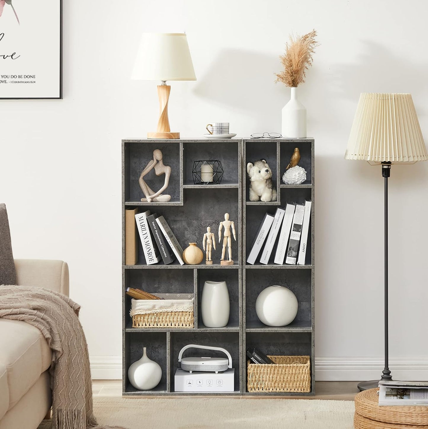 VECELO 42 Inch High Bookcase, 4-Tier Modern Storage Cabinet with Height Difference Shelves for Standard Textbooks, Floor Standing Display, 7 Cubes, Horizontal Avaiable, Easy Assembly, Grey