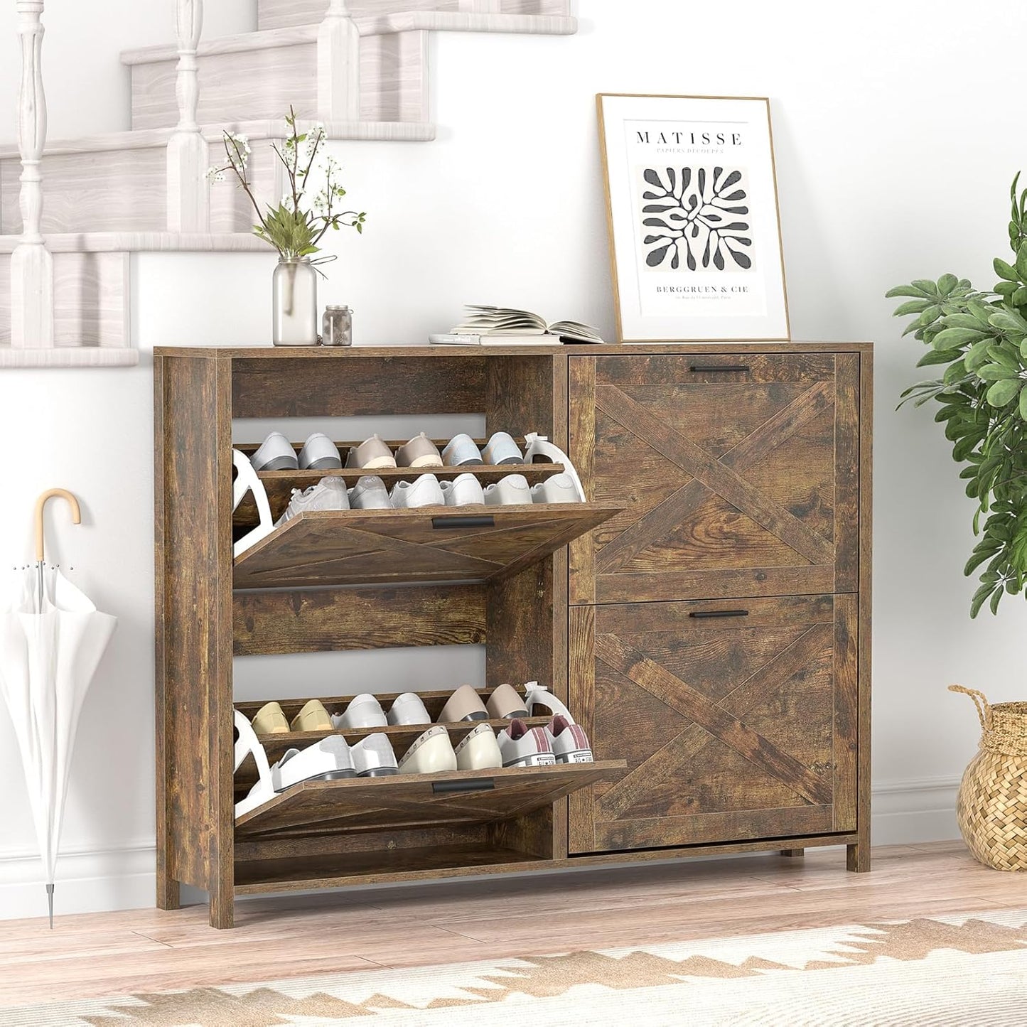 47" W Large Shoe Storage Cabinet with 4 Flip Drawers, Freestanding Hidden Shoe Cabinet Organizer with Adjustable Shelf, Narrow Shoe Cabinet for Entryway Hallway Living Room