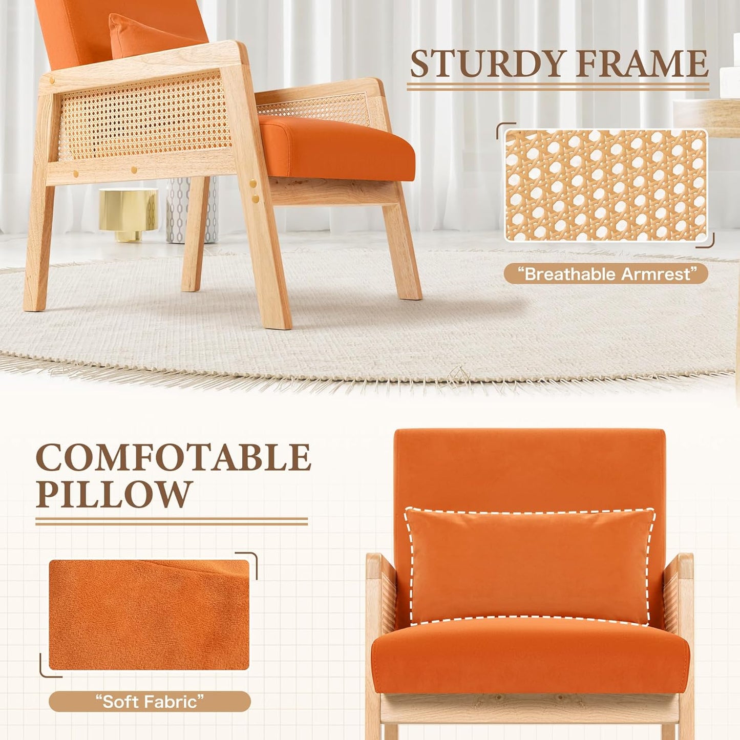 YESHOMY Mid-Century Accent Chair with Pillow Upholstered with Solid Frame & Breathable Armrest for Living Room, Light Orange