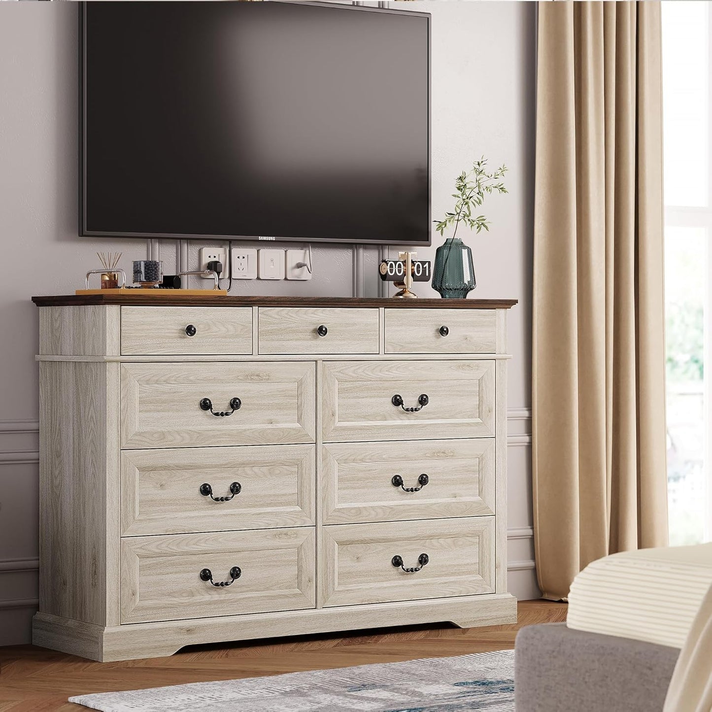 LINSY HOME 9 Drawers Dresser for Bedroom, 54" Wide Wooden Storage Chest with Antique Handles, Modern Farmhouse Large Dresser TV Stand, Chest of Drawers for Closet, Living Room, Hallway, Beige
