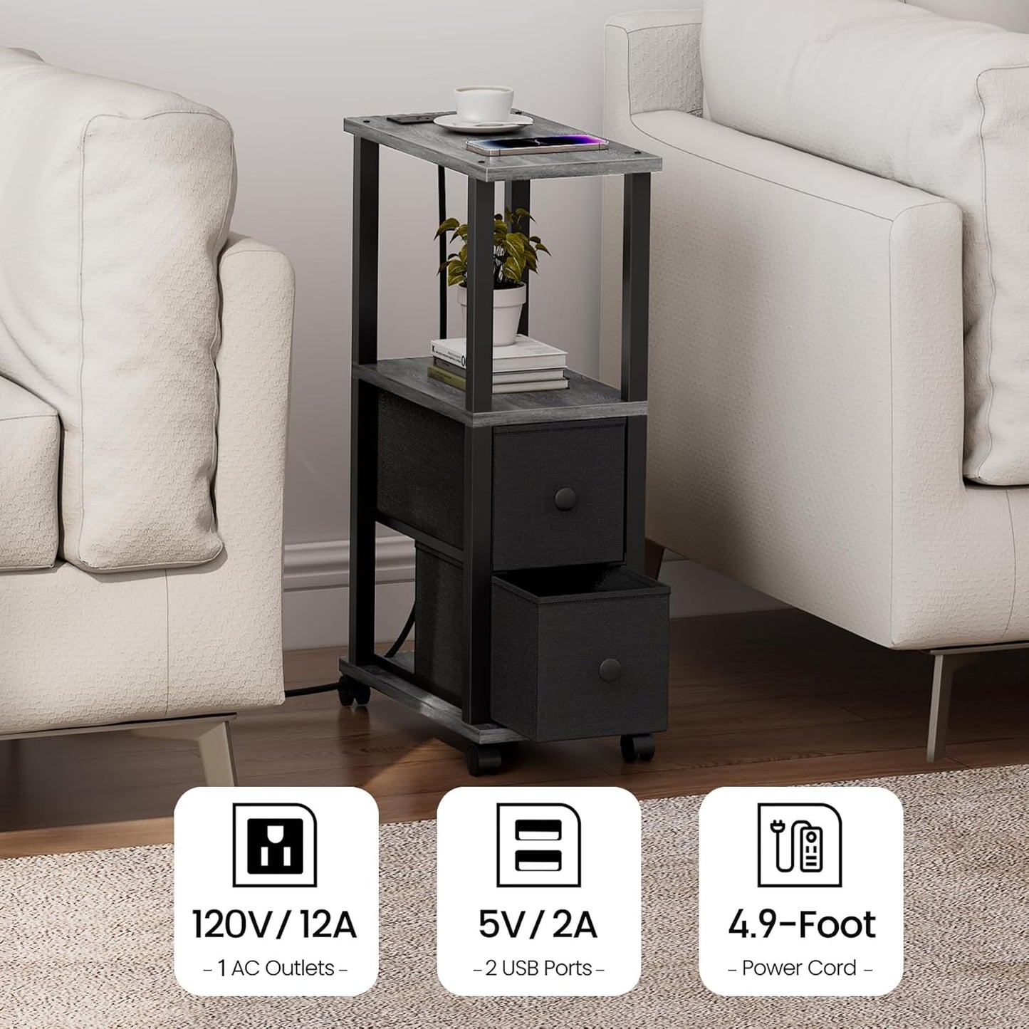 TUTOTAK Small Narrow End Tables, Side Tables with 2 Fabric Drawers, Set of 2, Bedside Tables with Charging Station for Small Spaces, Slim Nightstands with USB Ports and Wheels, TB01BY053