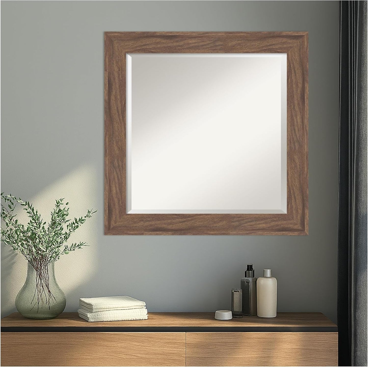 Amanti Art Brown Wall Mirror 25x25 Pia Medium Brown Square Bathroom Mirror for Wall Decor Living Room, Medium Casual Frame, Hangs Horizonally and Vertically, Bathroom Decor, Beveled Edge